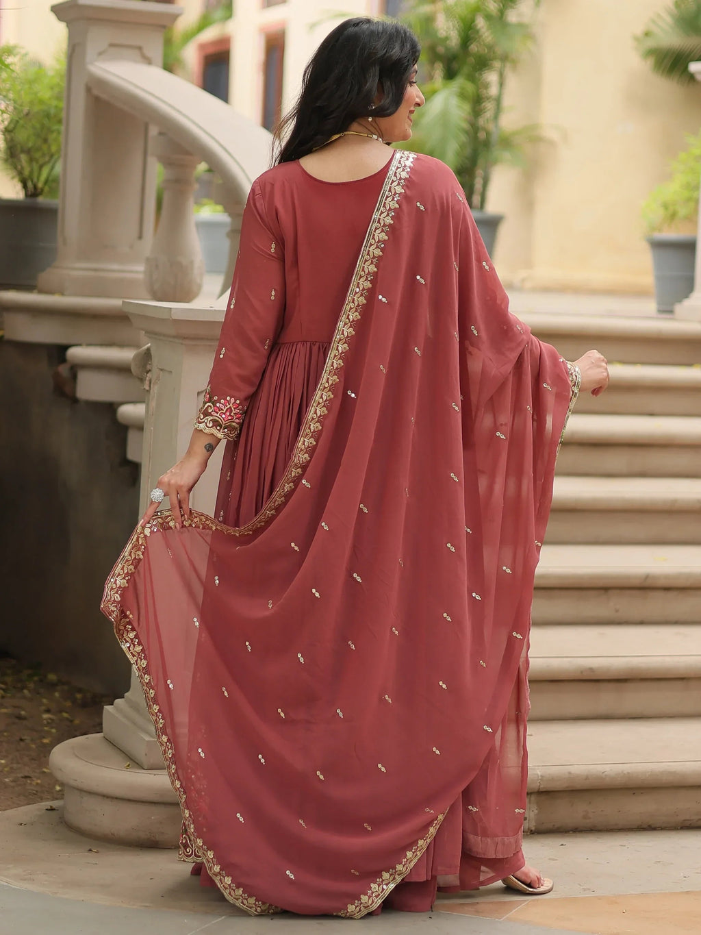 Brown Adorable Embroidered Georgette Anarkali Suit With Sharara