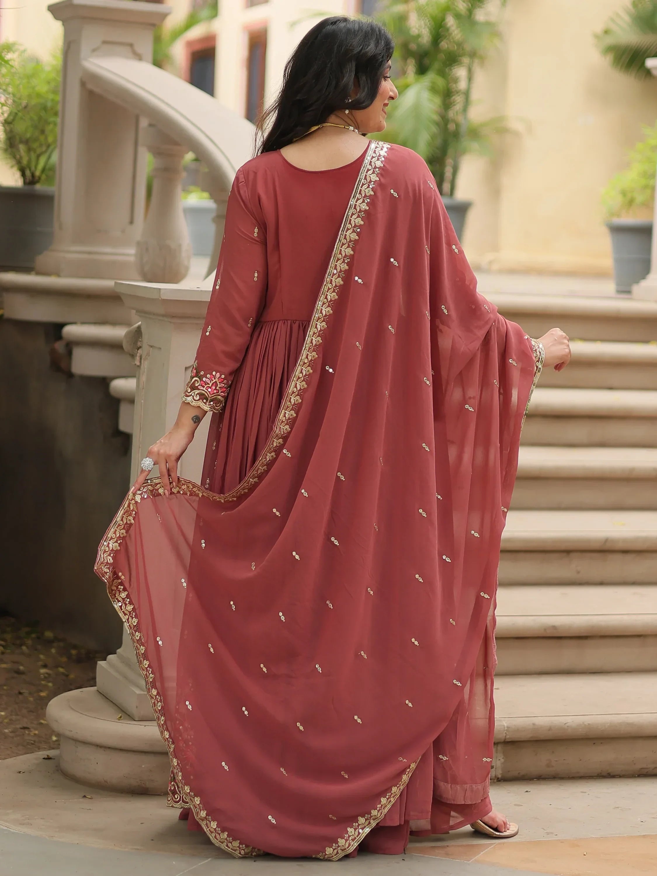 Brown Adorable Embroidered Georgette Anarkali Suit With Sharara