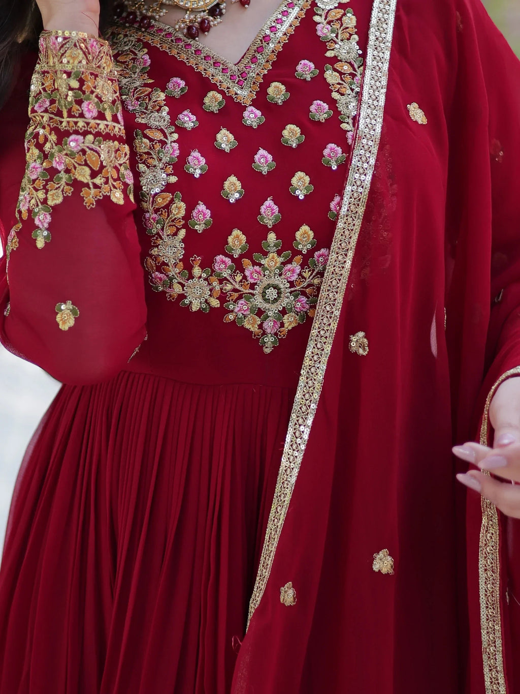 Maroon Enchanting Embroidered Georgette Festival Wear Gown