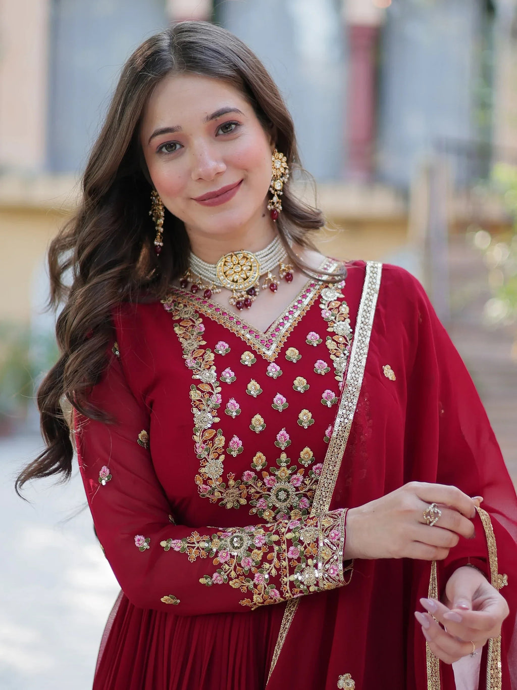 Maroon Enchanting Embroidered Georgette Festival Wear Gown