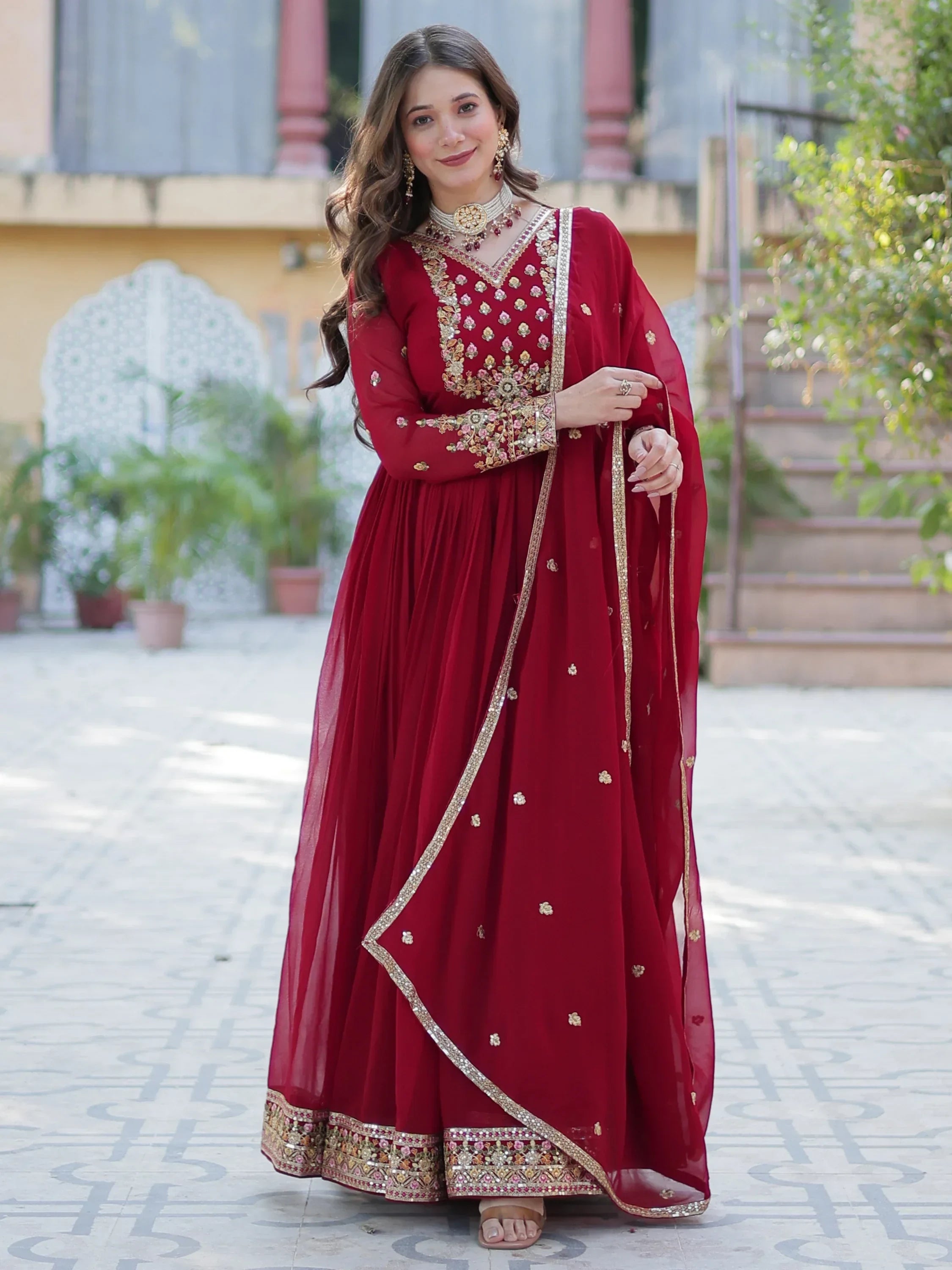 Maroon Enchanting Embroidered Georgette Festival Wear Gown