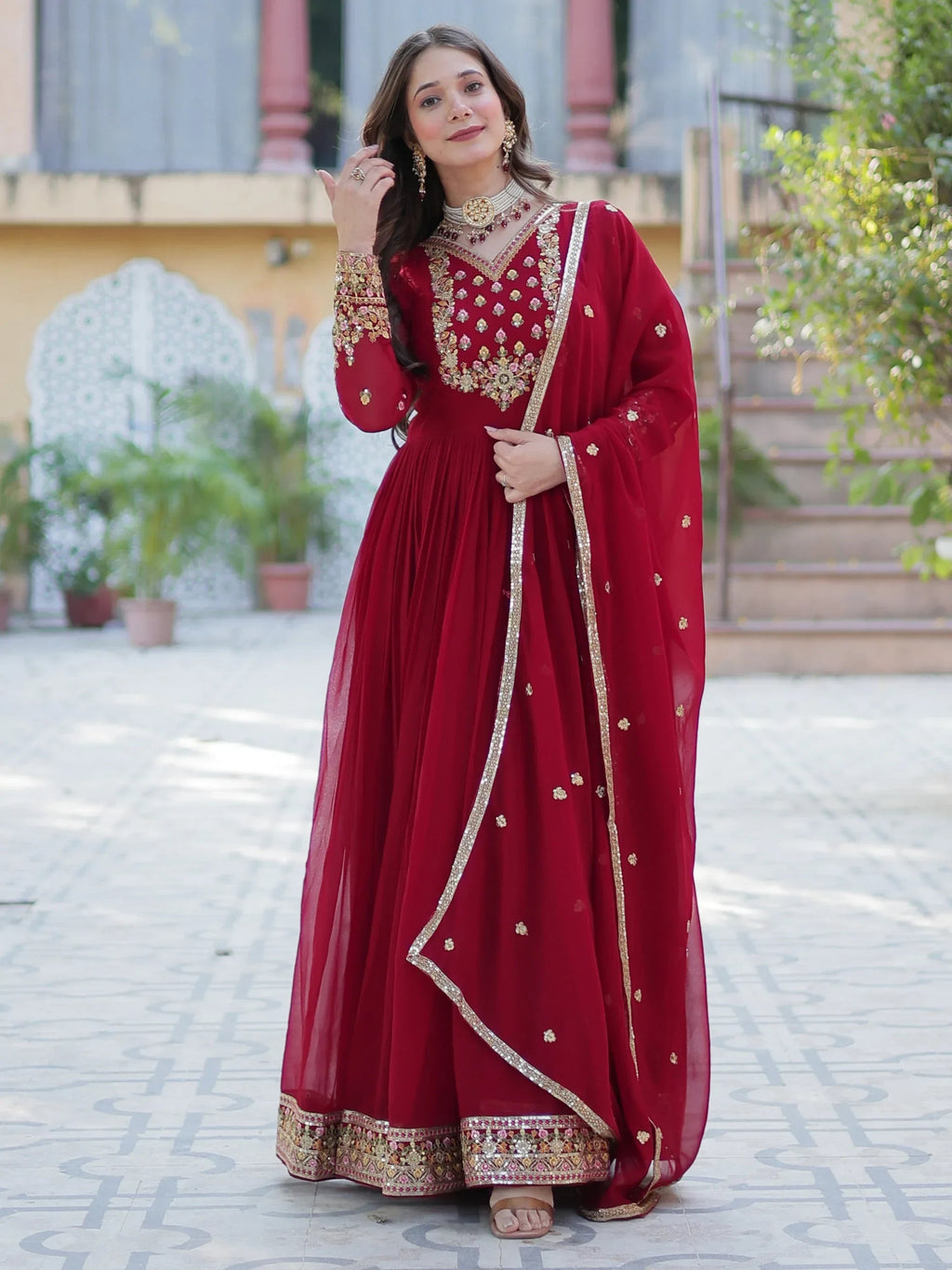 Maroon Enchanting Embroidered Georgette Festival Wear Gown