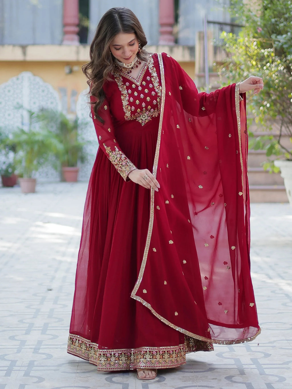 Maroon Enchanting Embroidered Georgette Festival Wear Gown