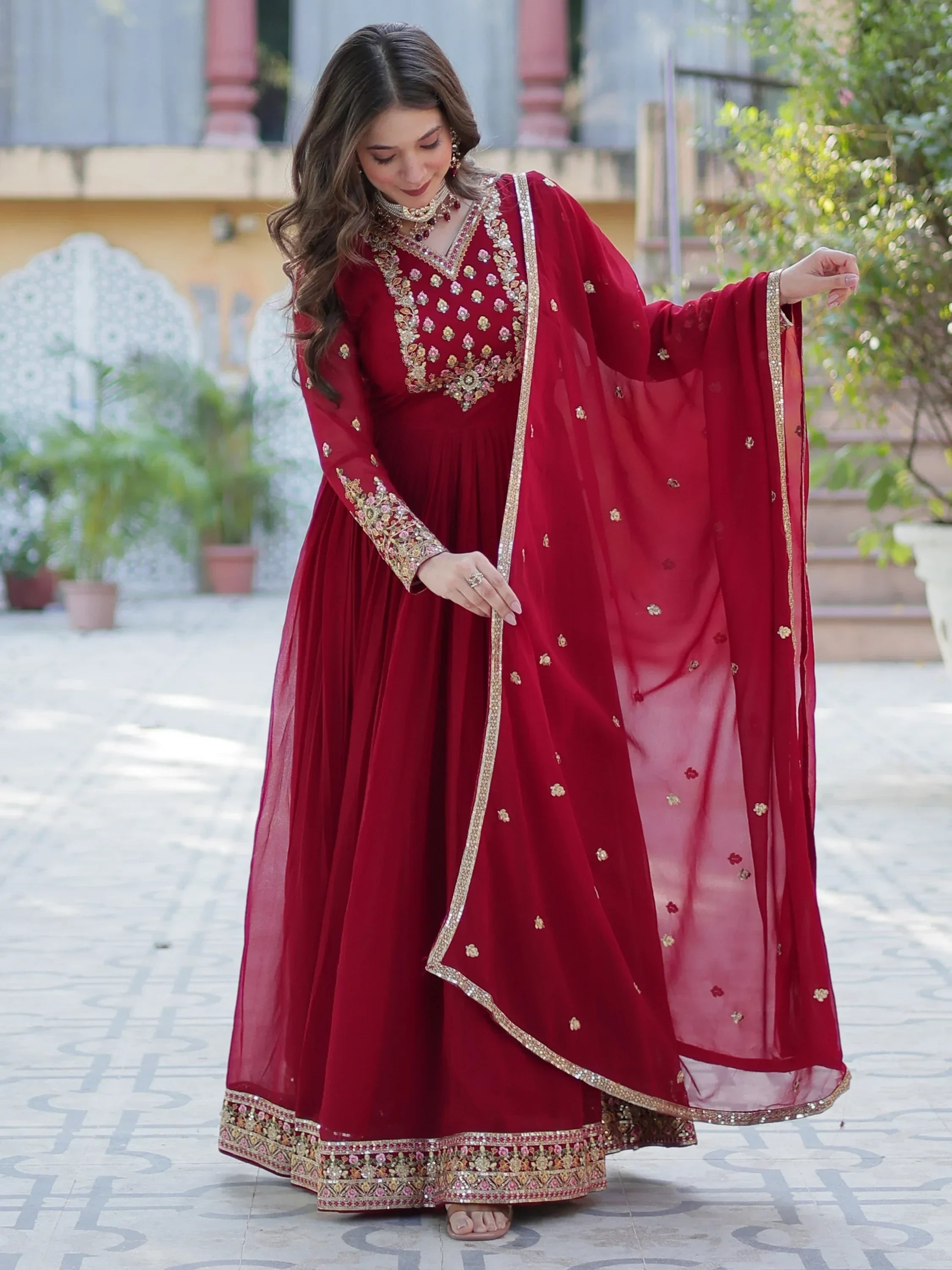 Maroon Enchanting Embroidered Georgette Festival Wear Gown