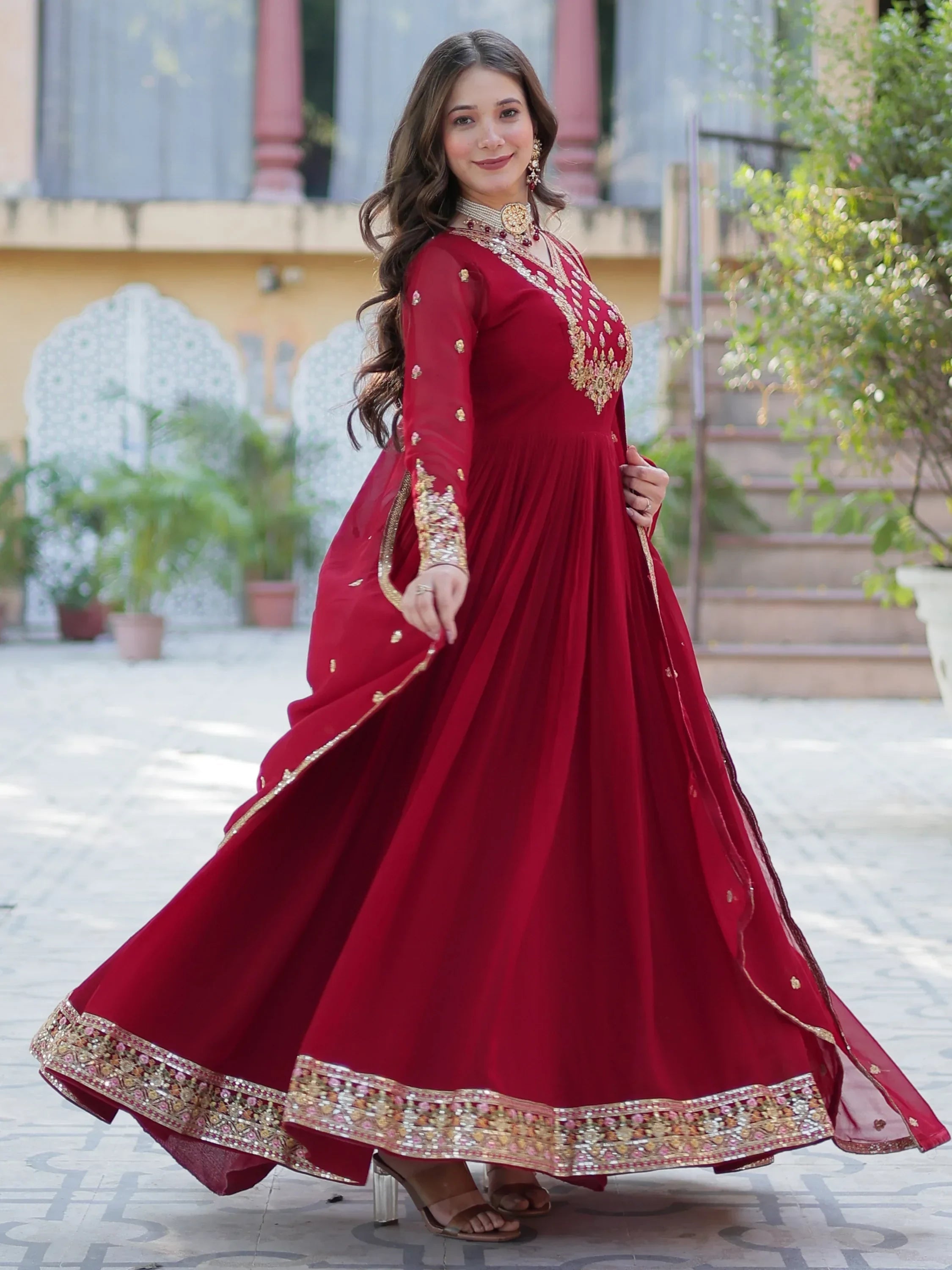Maroon Enchanting Embroidered Georgette Festival Wear Gown