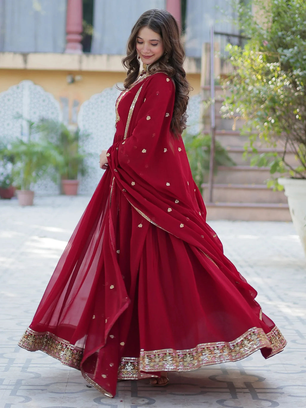 Maroon Enchanting Embroidered Georgette Festival Wear Gown