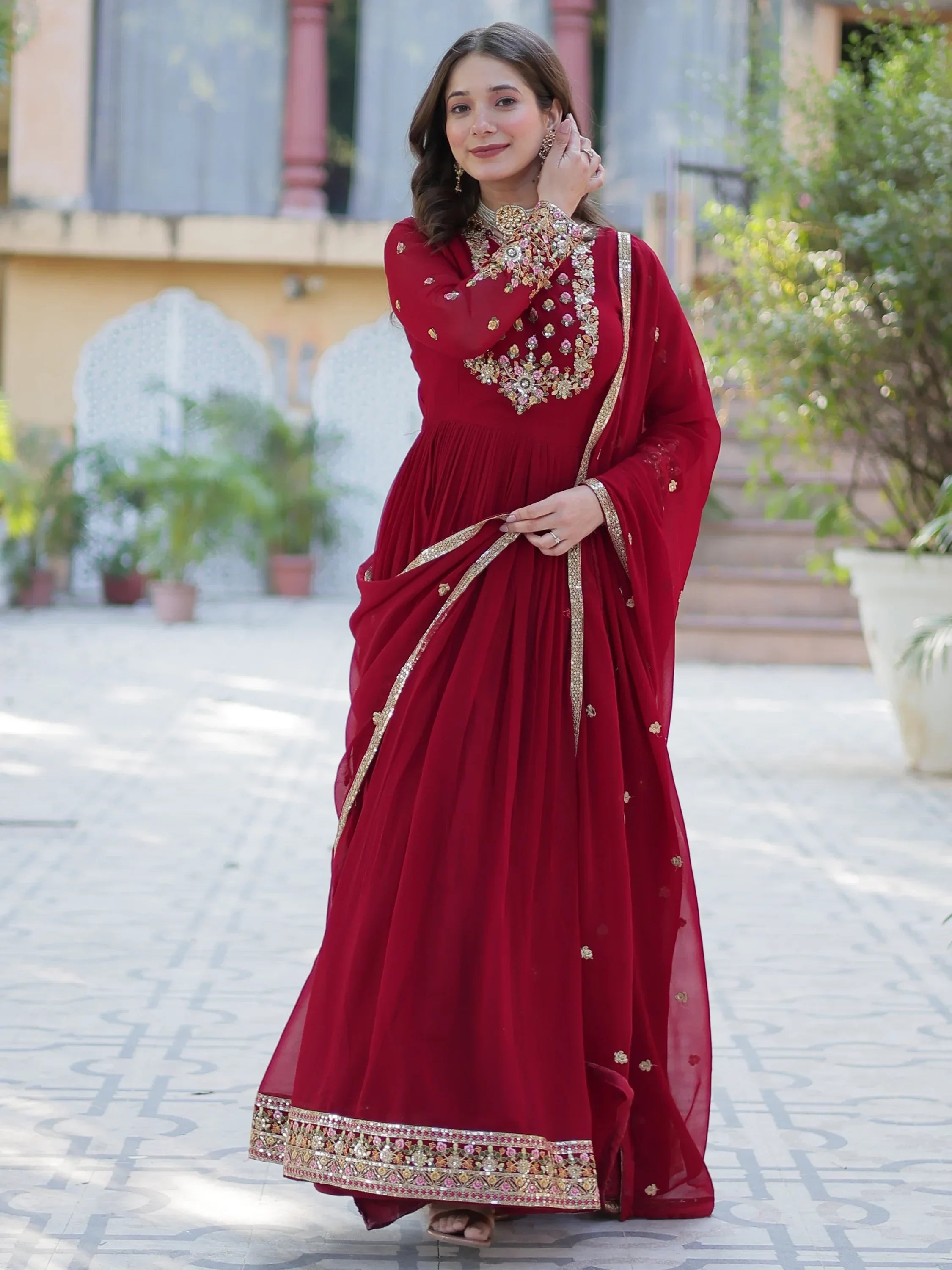 Maroon Enchanting Embroidered Georgette Festival Wear Gown
