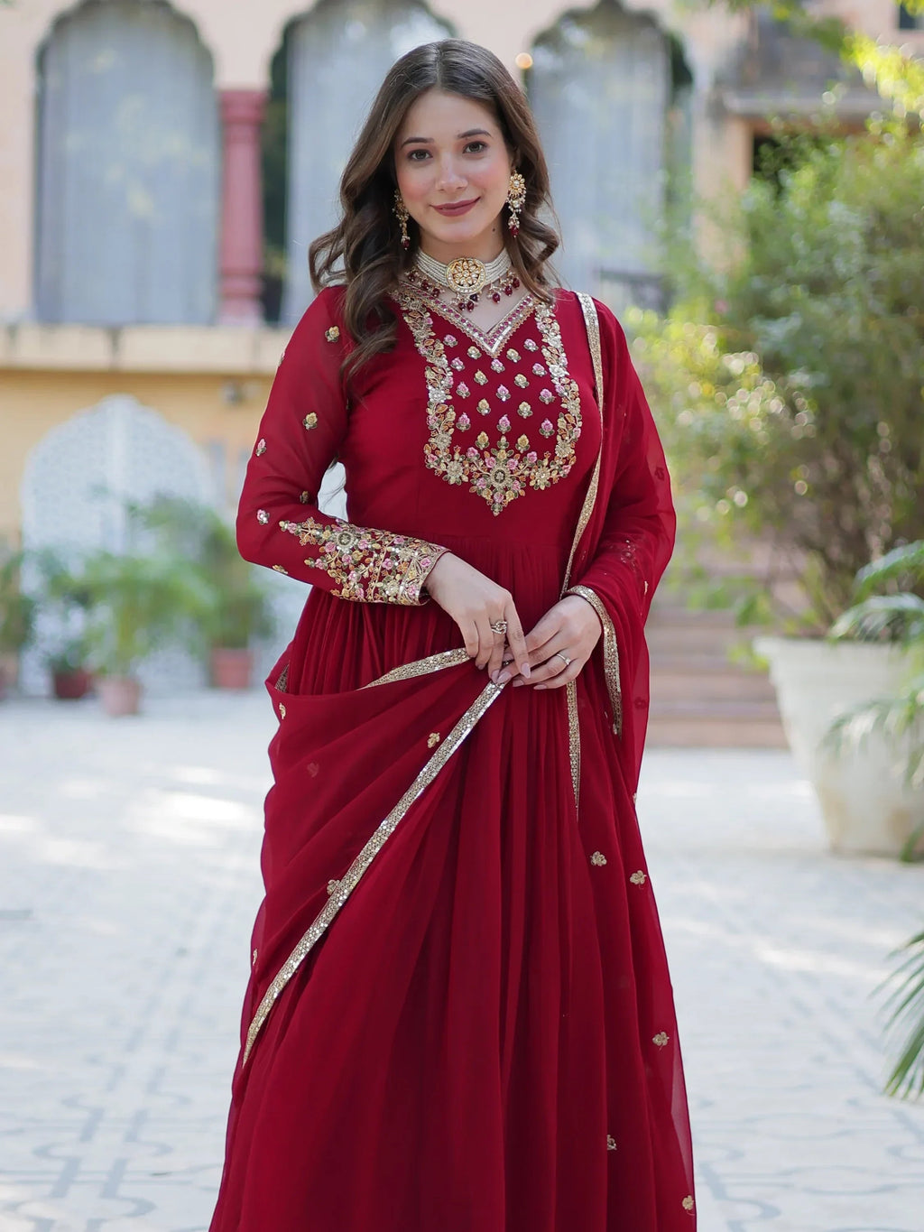 Maroon Enchanting Embroidered Georgette Festival Wear Gown