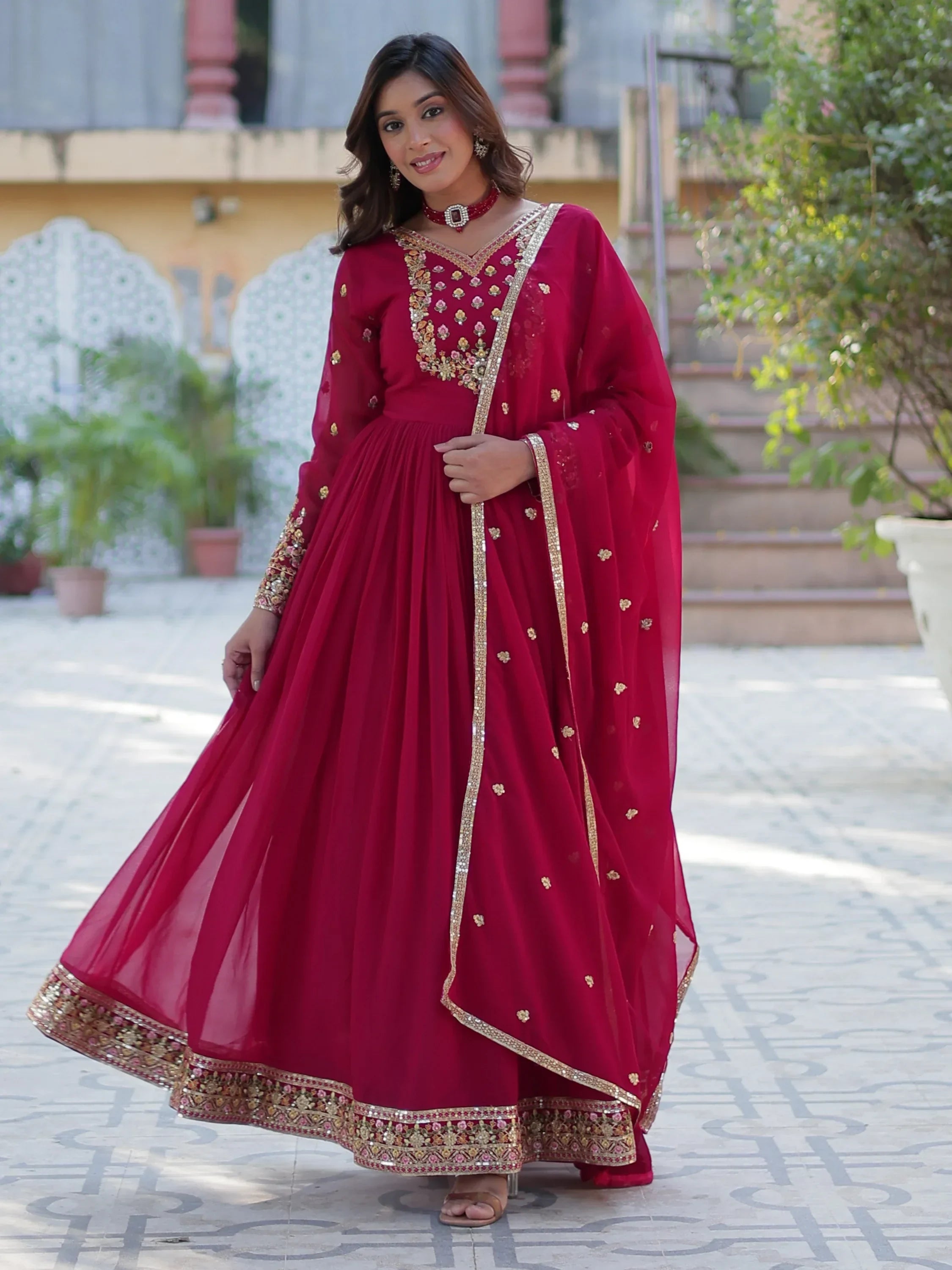 Pink Enchanting Embroidered Georgette Festival Wear Gown