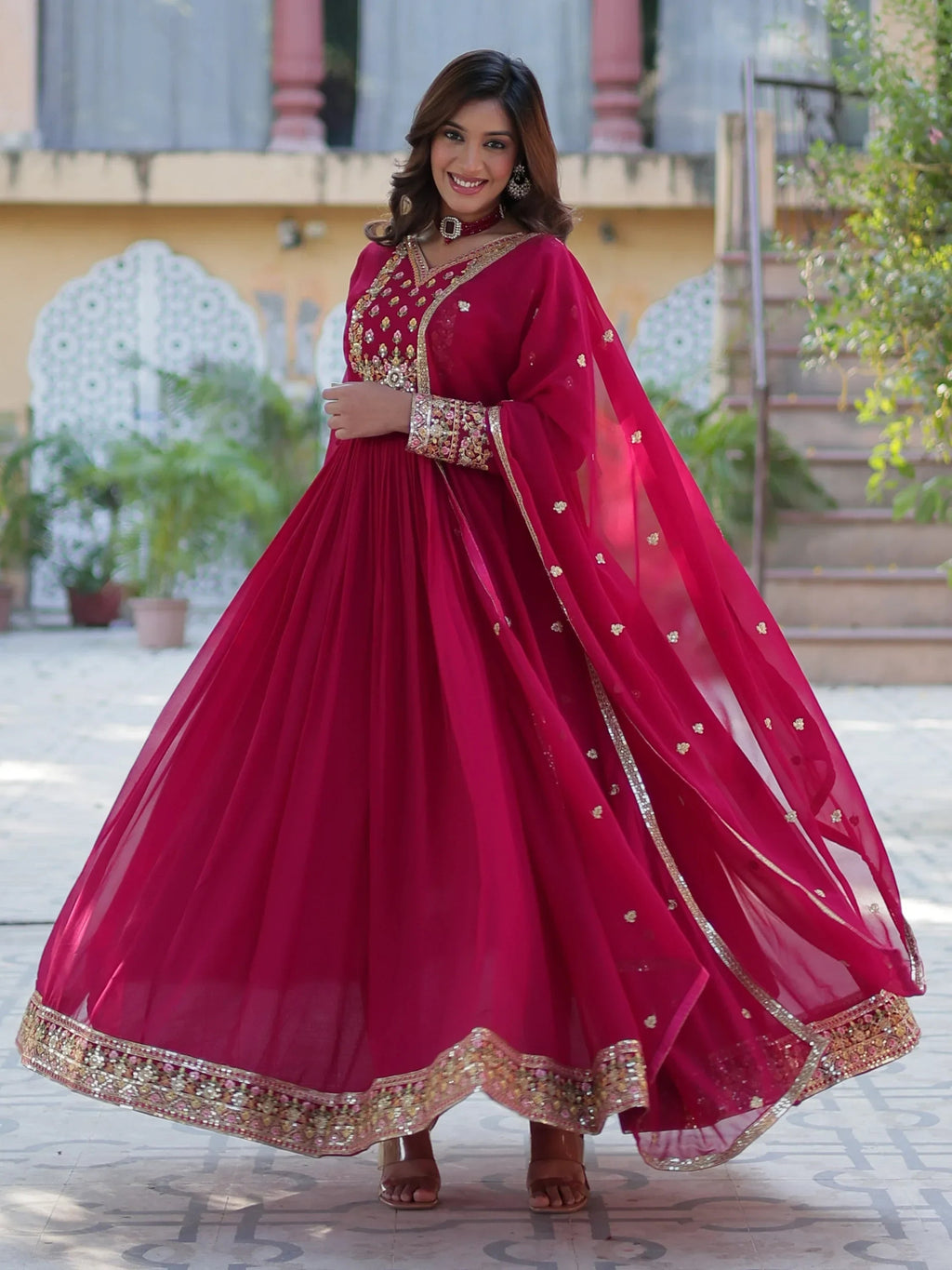 Pink Enchanting Embroidered Georgette Festival Wear Gown