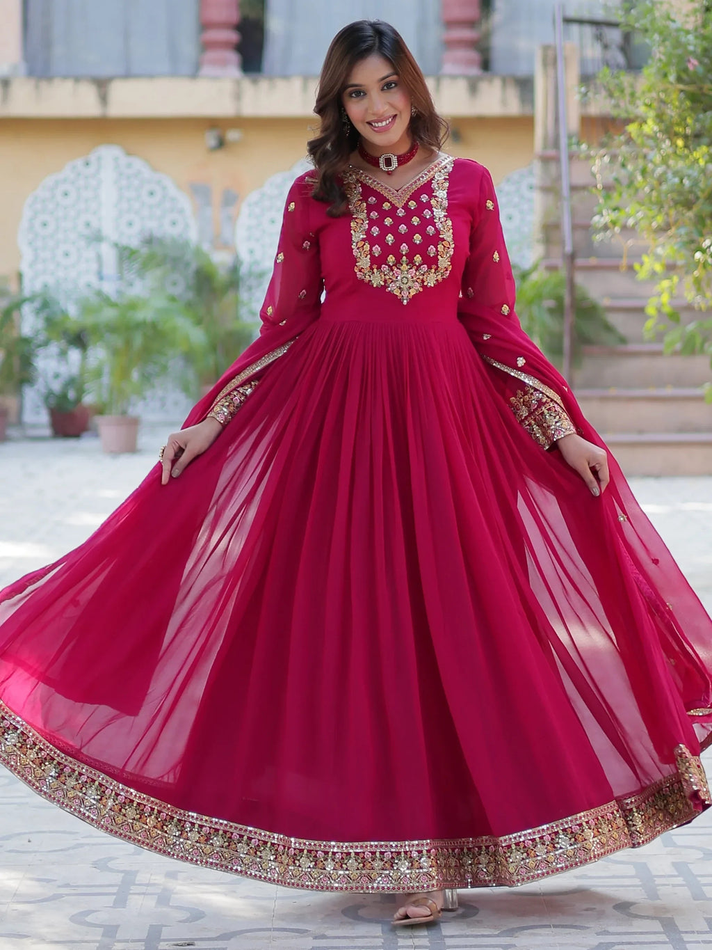 Pink Enchanting Embroidered Georgette Festival Wear Gown