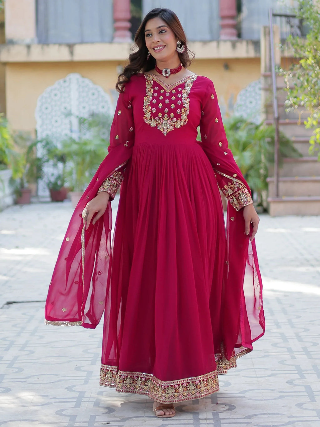 Pink Enchanting Embroidered Georgette Festival Wear Gown