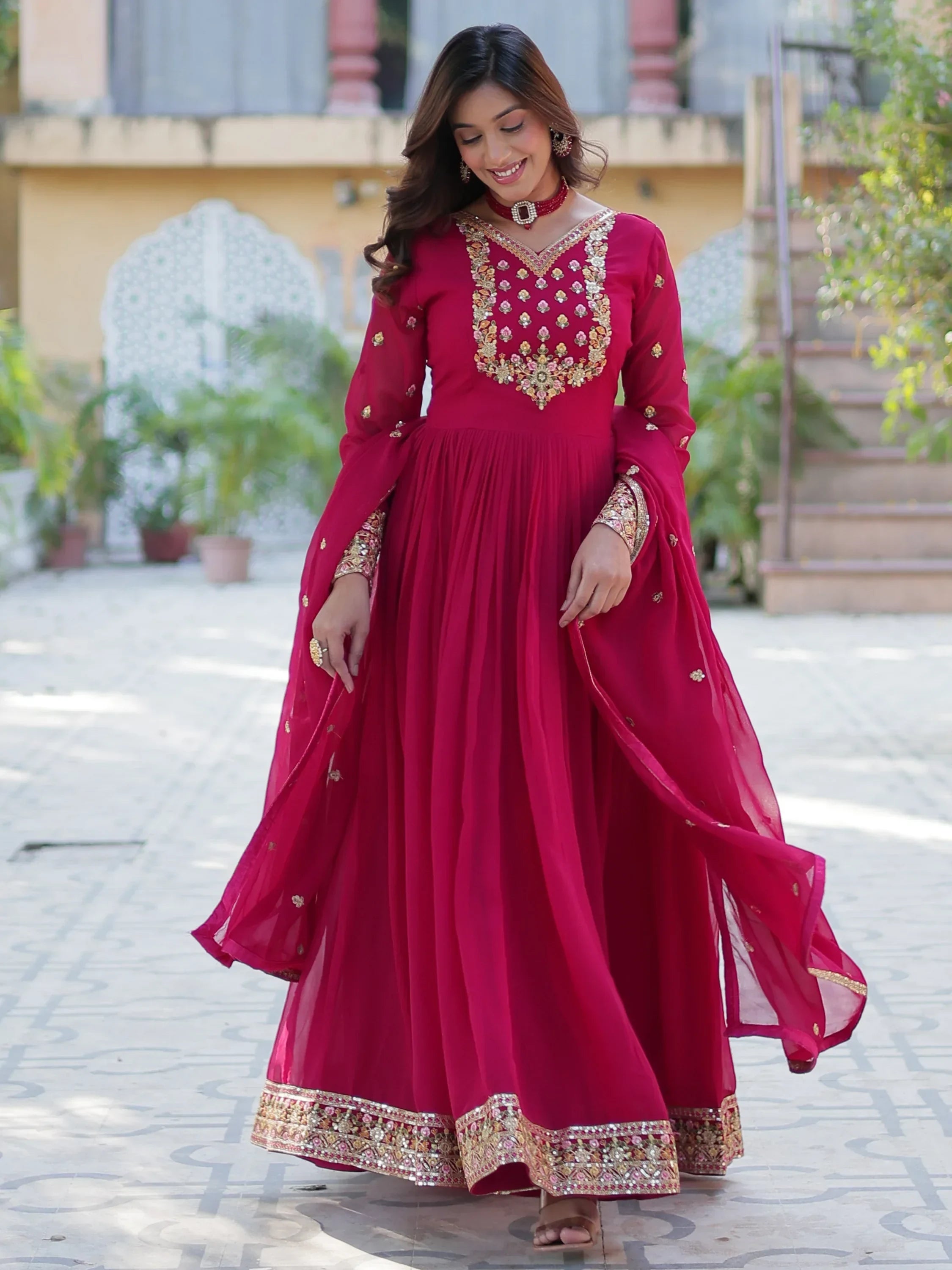 Pink Enchanting Embroidered Georgette Festival Wear Gown