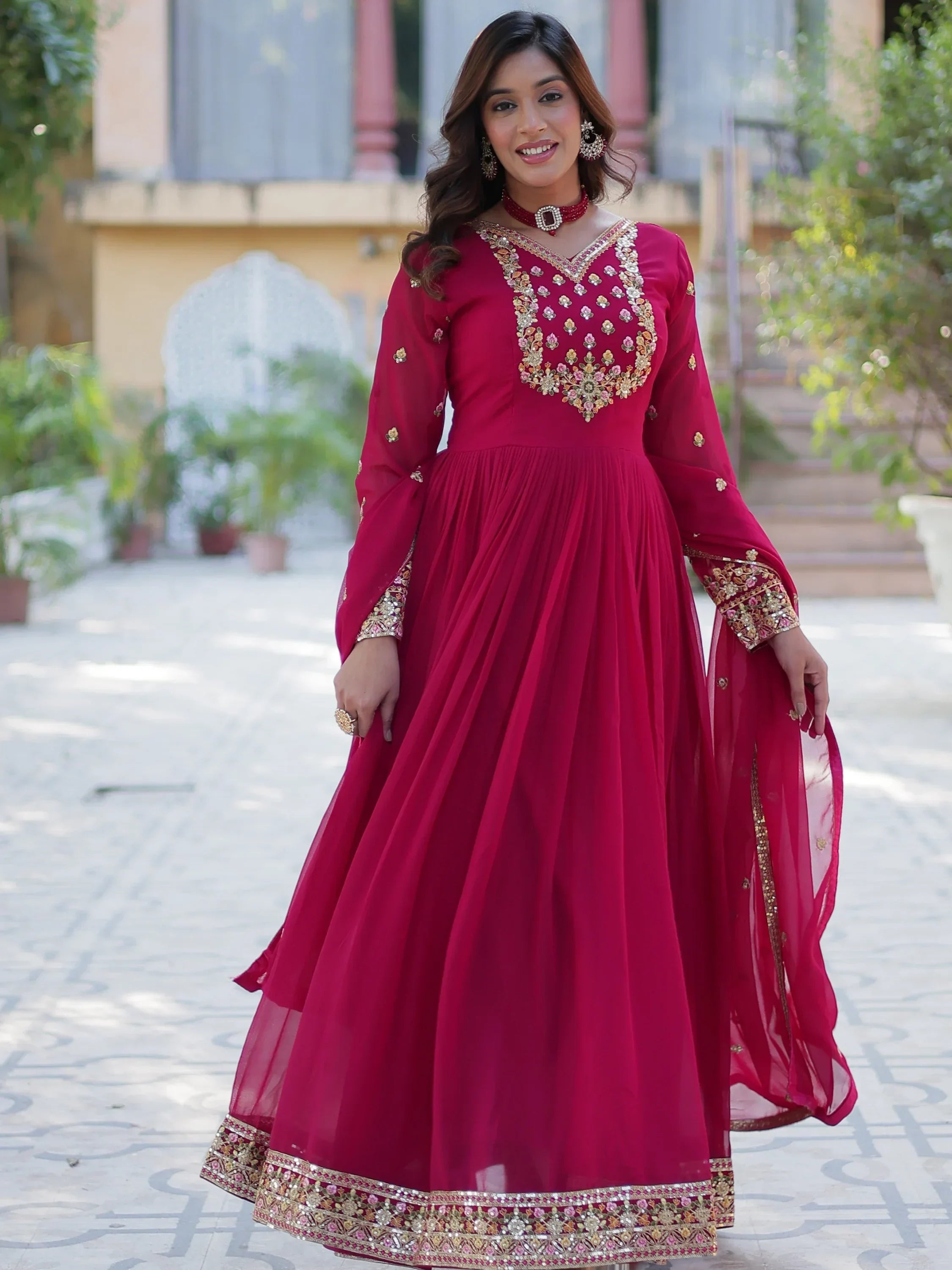 Pink Enchanting Embroidered Georgette Festival Wear Gown