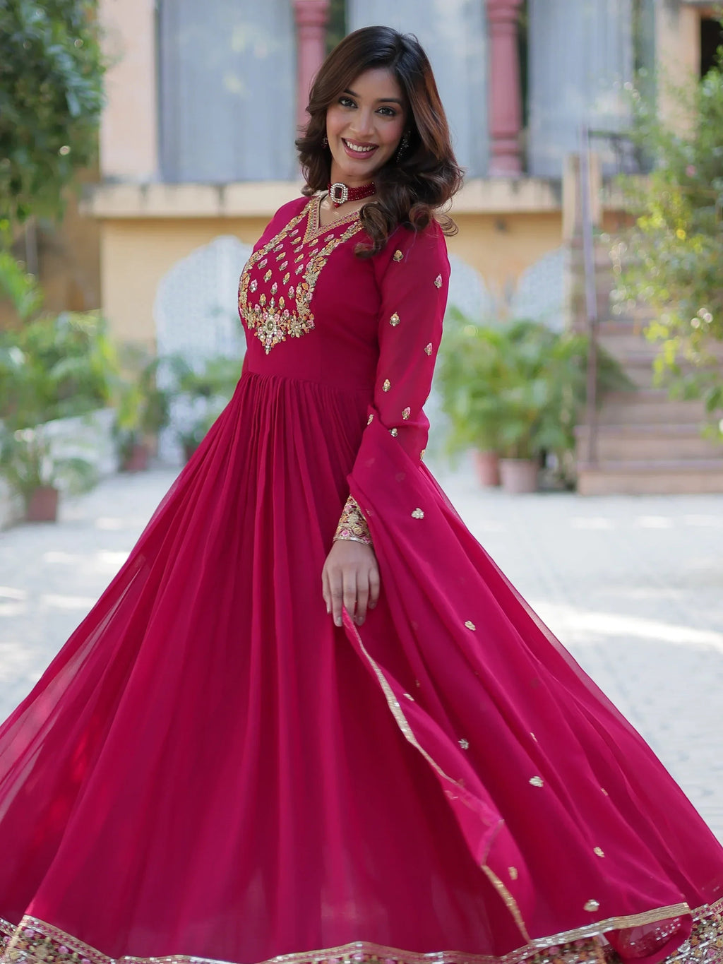 Pink Enchanting Embroidered Georgette Festival Wear Gown