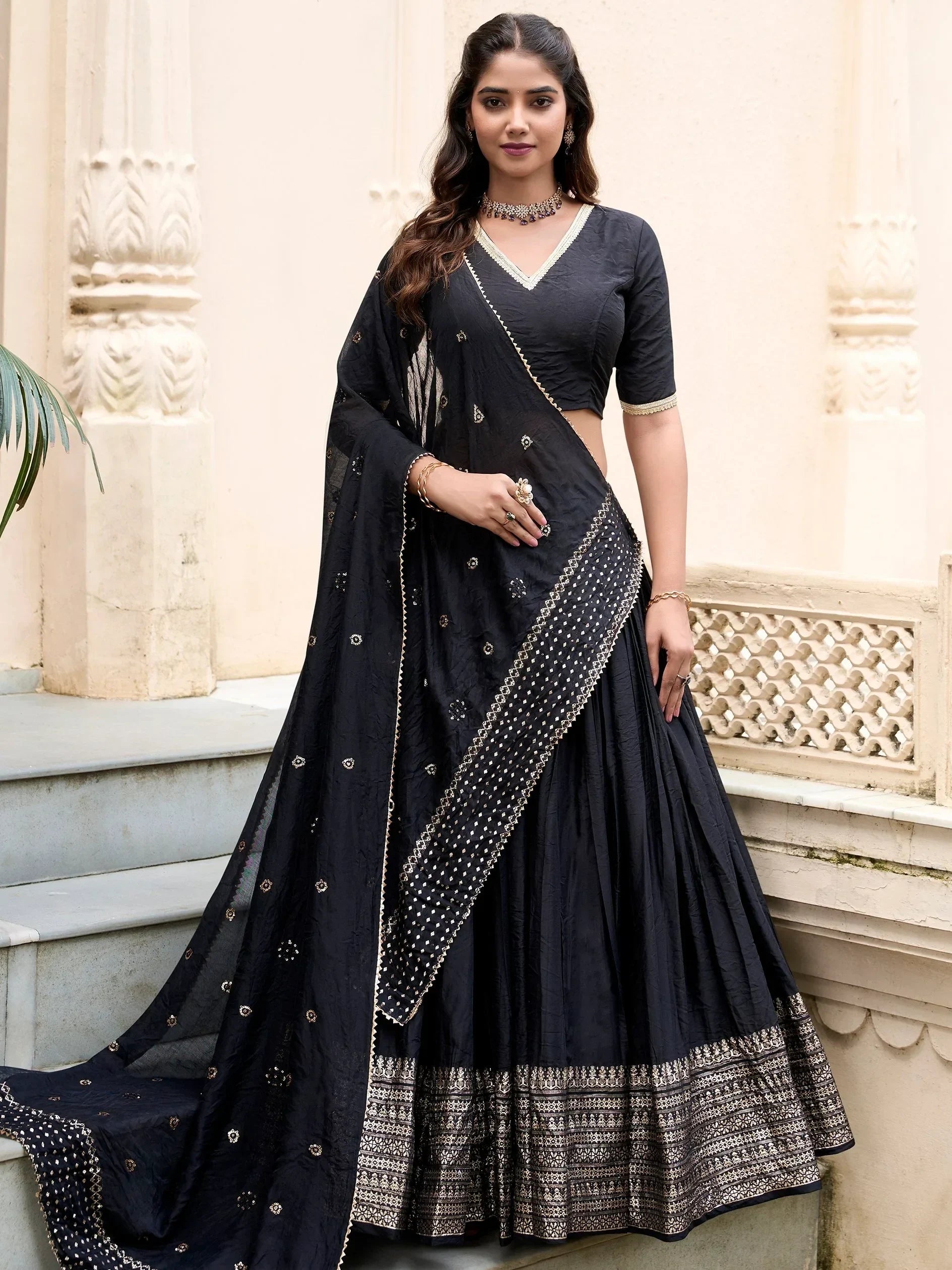 Black Awesome Zari Weaving Chanderi Silk Festive Wear Lehenga Choli