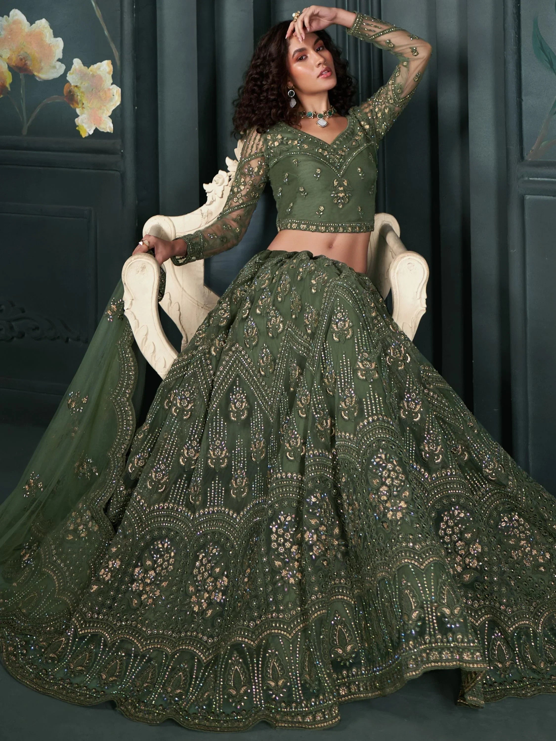 Magnetic Green Embroidered Net Bridesmaid Lehenga Choli With Dupatta