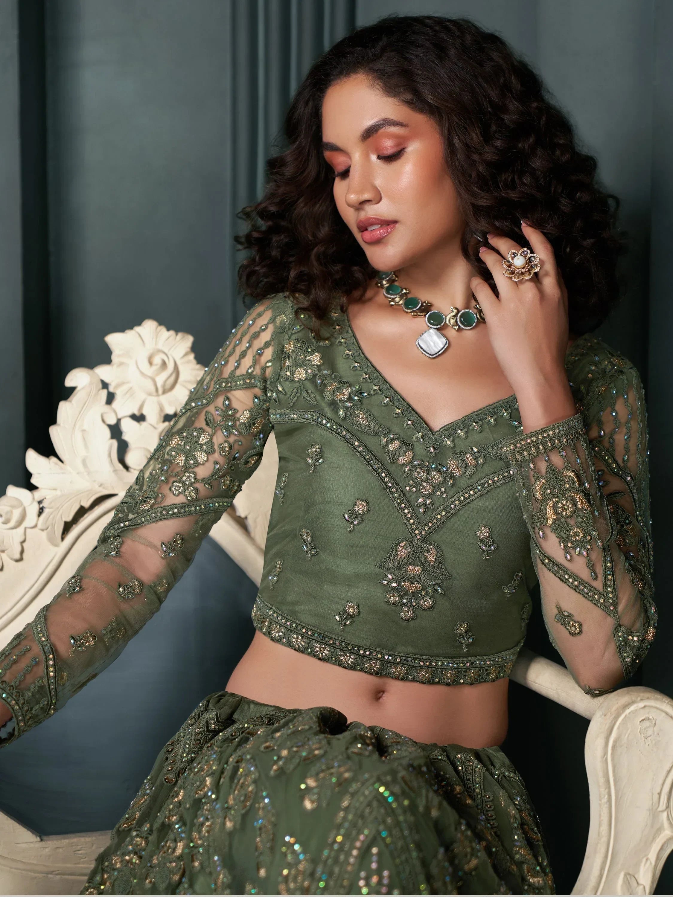 Magnetic Green Embroidered Net Bridesmaid Lehenga Choli With Dupatta