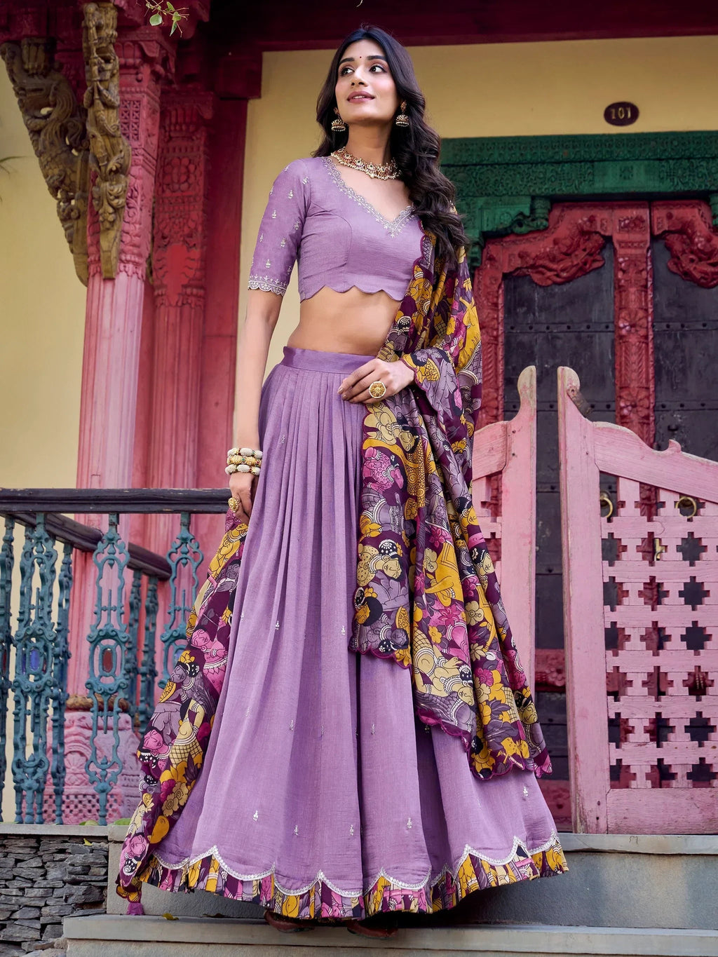 Lavender Gorgeous Thread Work Vichitra Silk Festive Wear Lehenga Choli