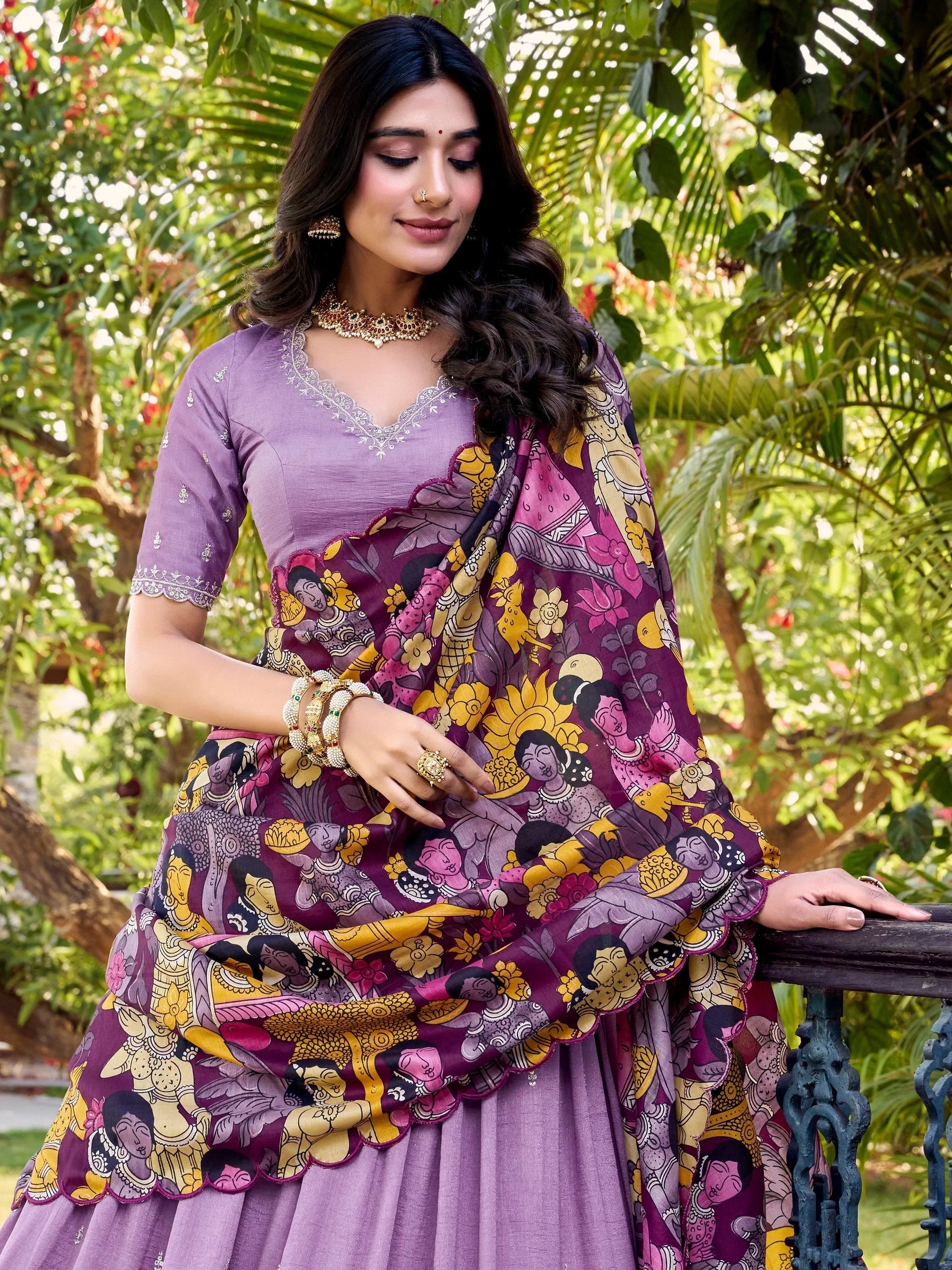 Lavender Gorgeous Thread Work Vichitra Silk Festive Wear Lehenga Choli