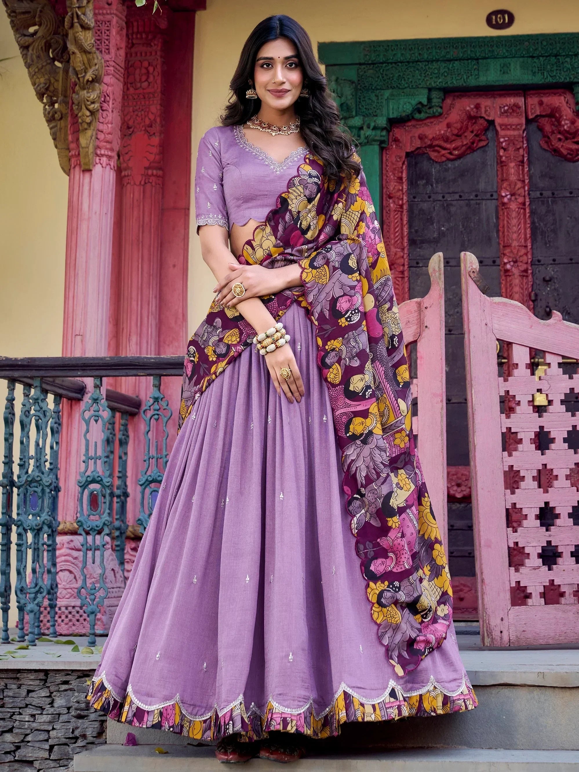 Lavender Gorgeous Thread Work Vichitra Silk Festive Wear Lehenga Choli