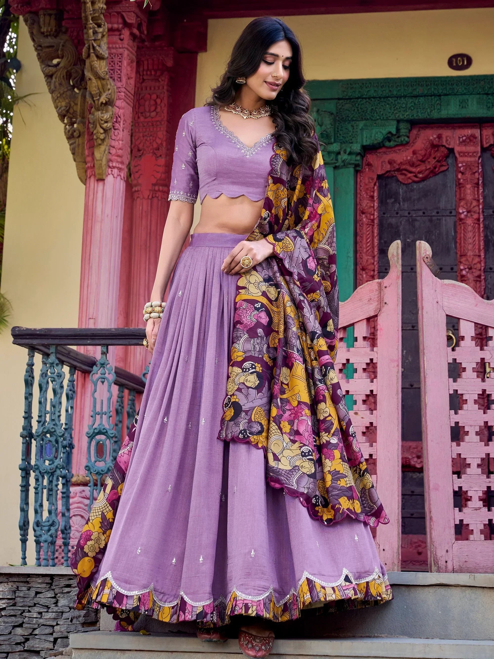 Lavender Gorgeous Thread Work Vichitra Silk Festive Wear Lehenga Choli