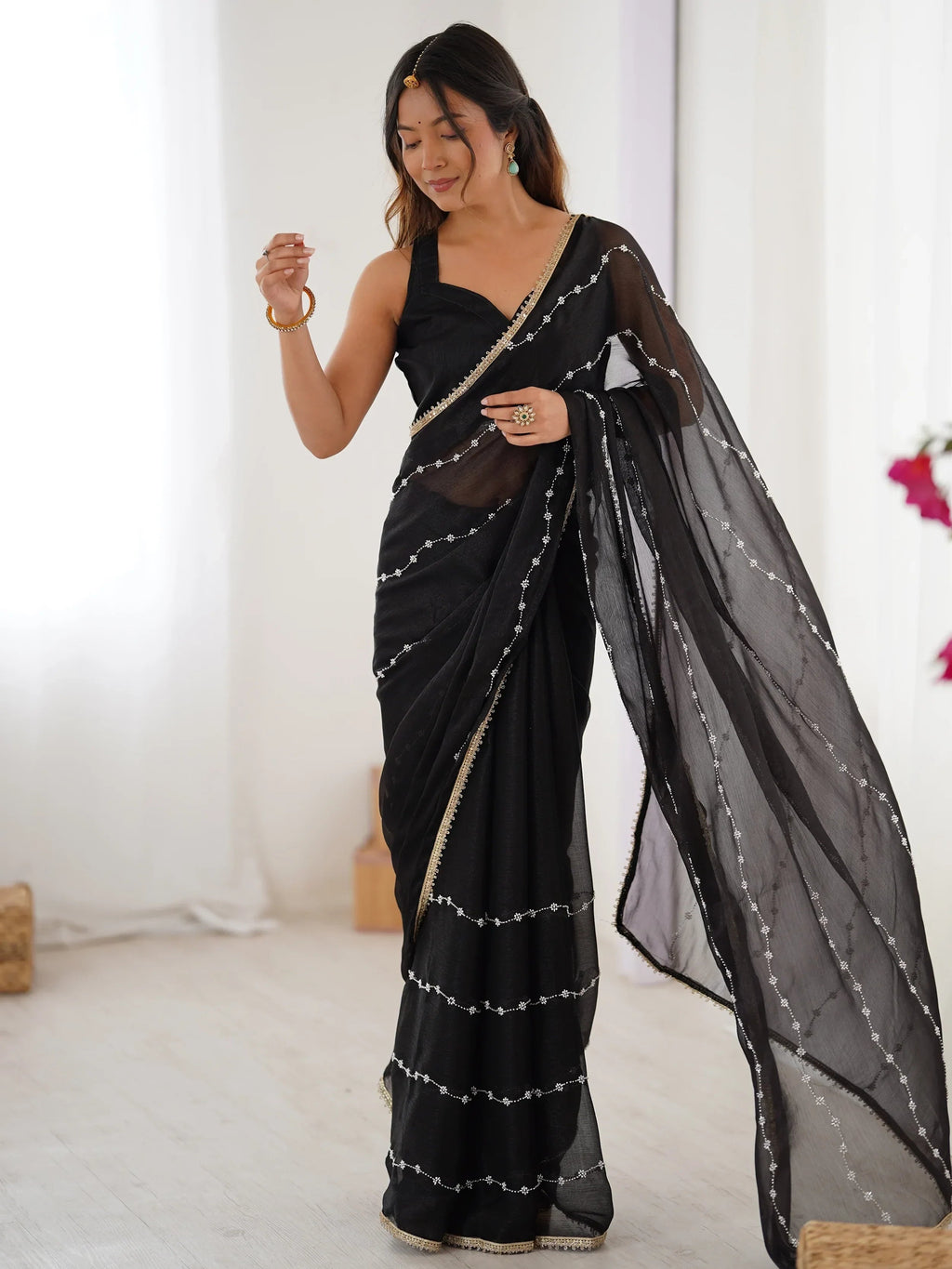 Black Majestic Chiffon Beads Work Saree With Blouse