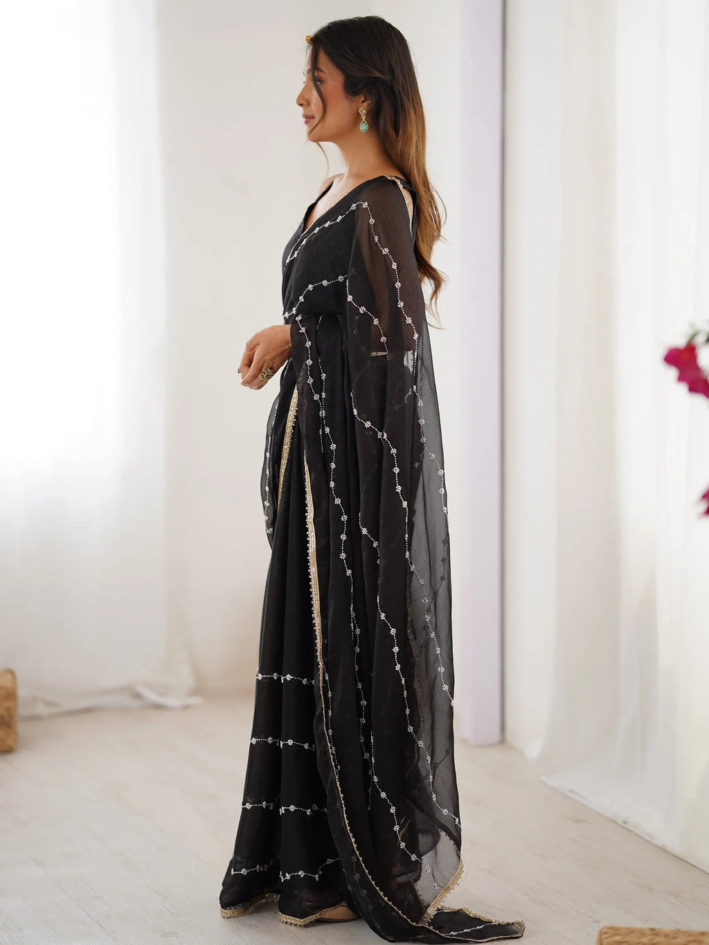 Black Majestic Chiffon Beads Work Saree With Blouse