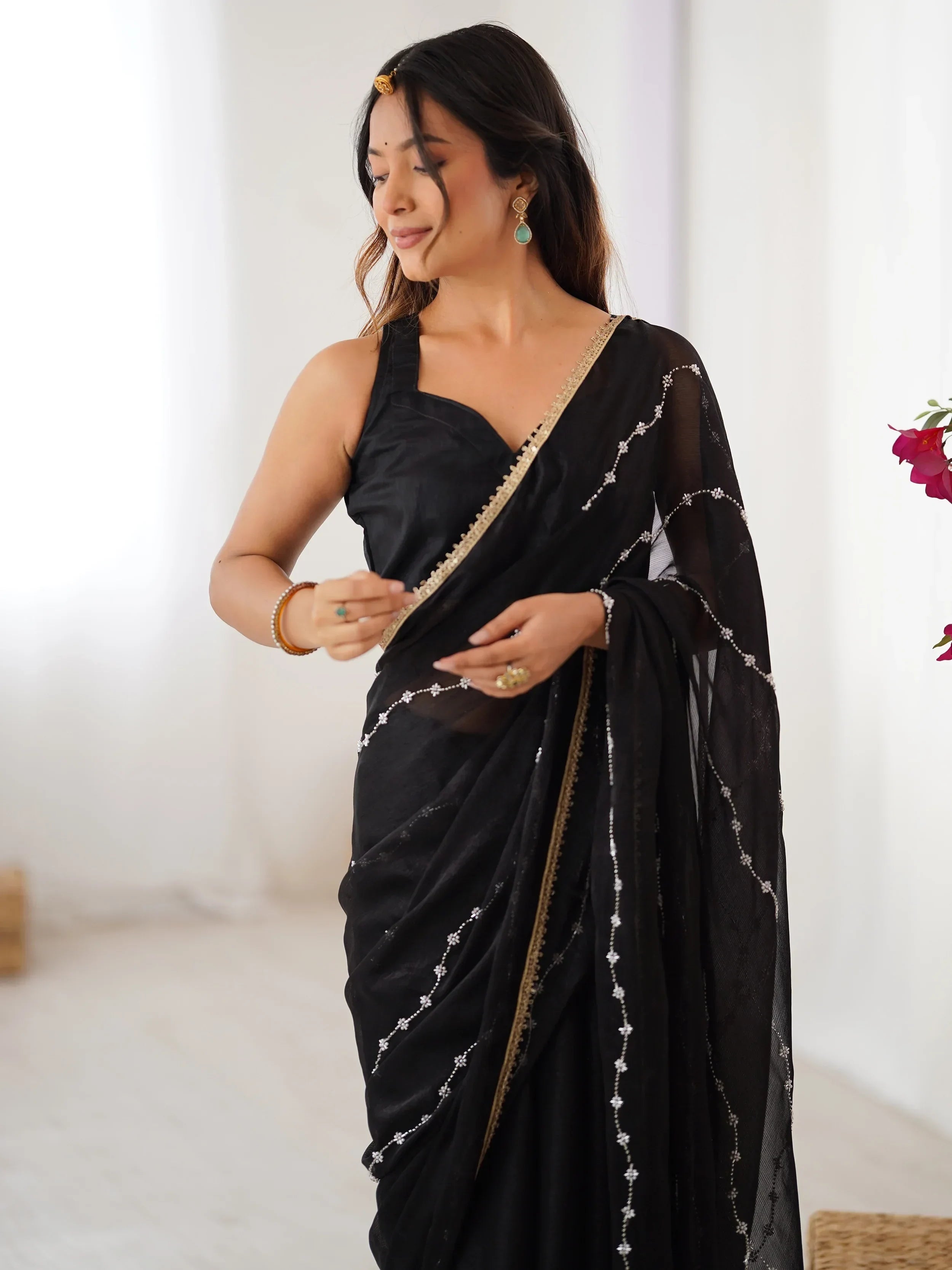Black Majestic Chiffon Beads Work Saree With Blouse