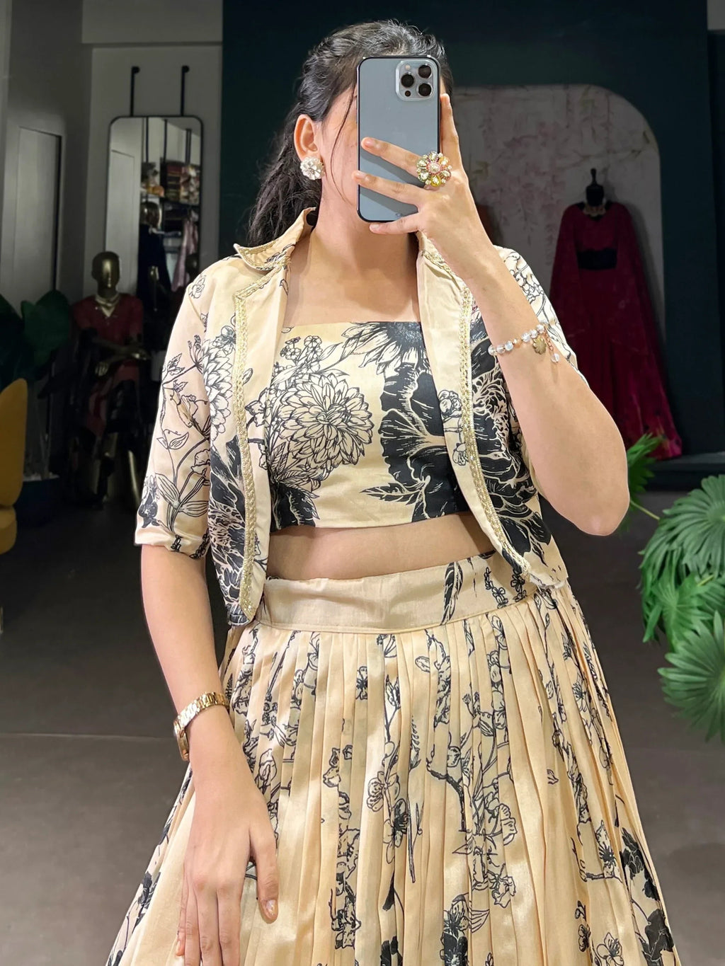 Majestic Cream Floral Printed Tussar Silk Festive Wear Crop Top Lehenga With Jacket