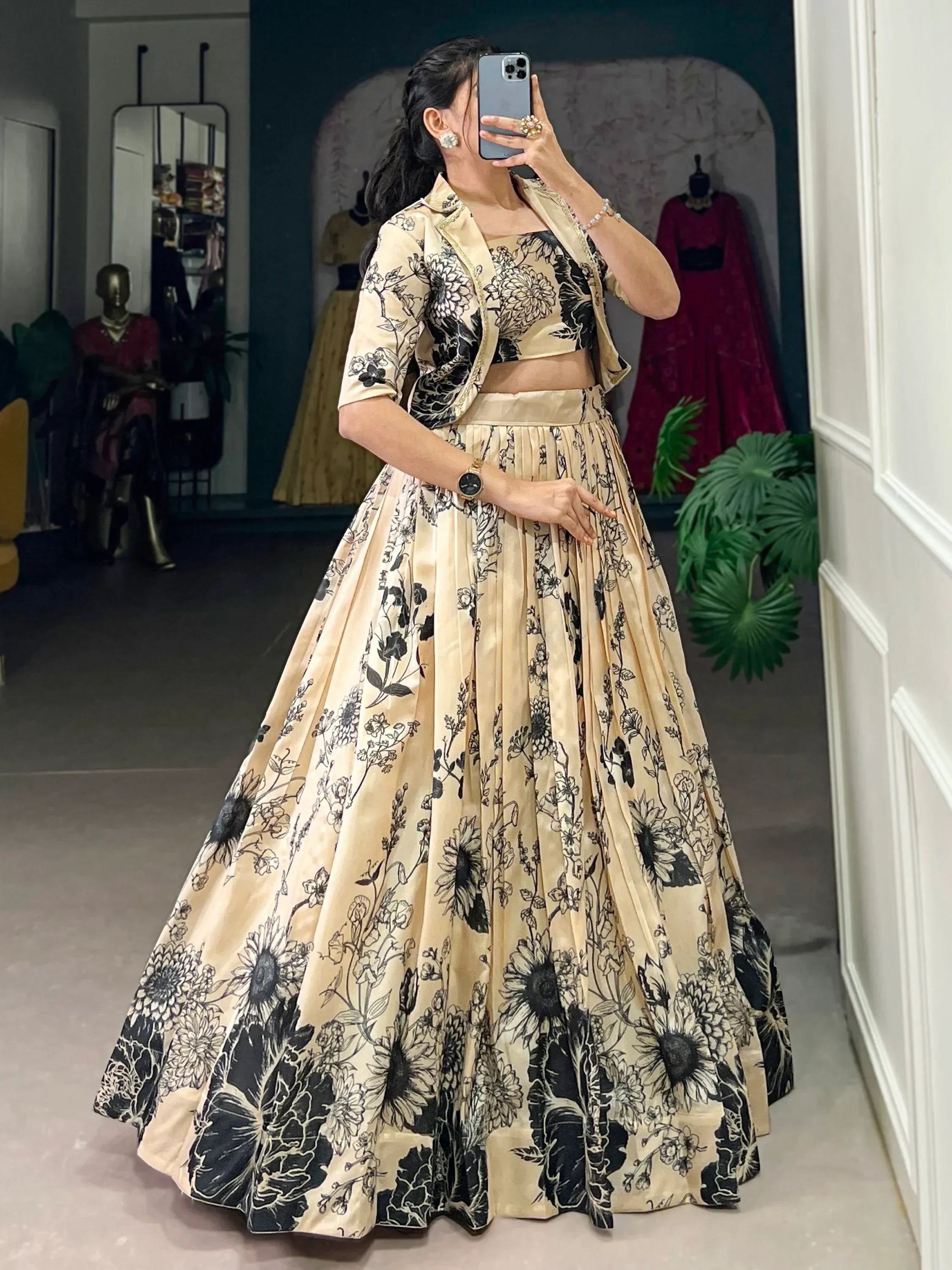 Majestic Cream Floral Printed Tussar Silk Festive Wear Crop Top Lehenga With Jacket