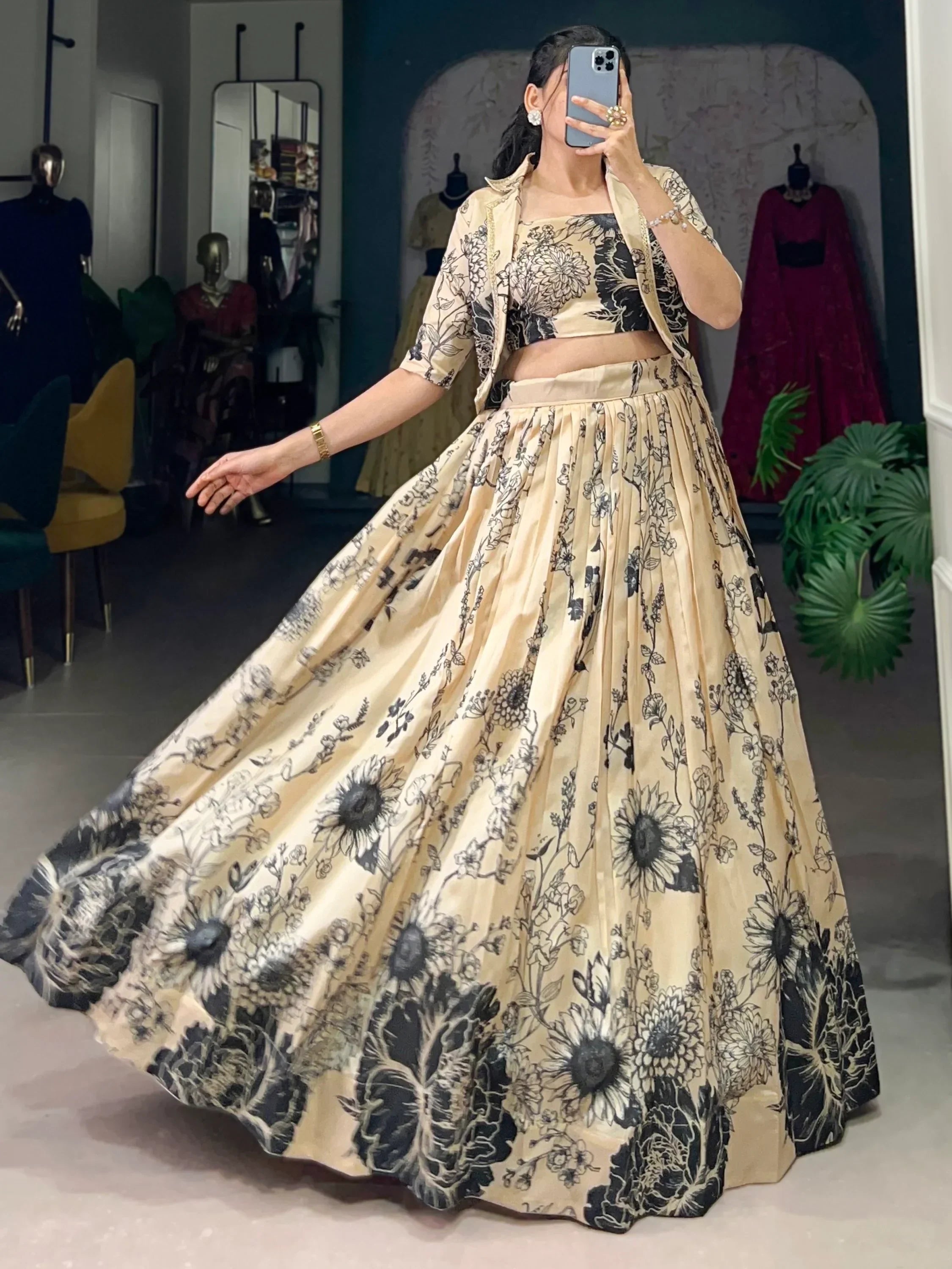 Majestic Cream Floral Printed Tussar Silk Festive Wear Crop Top Lehenga With Jacket