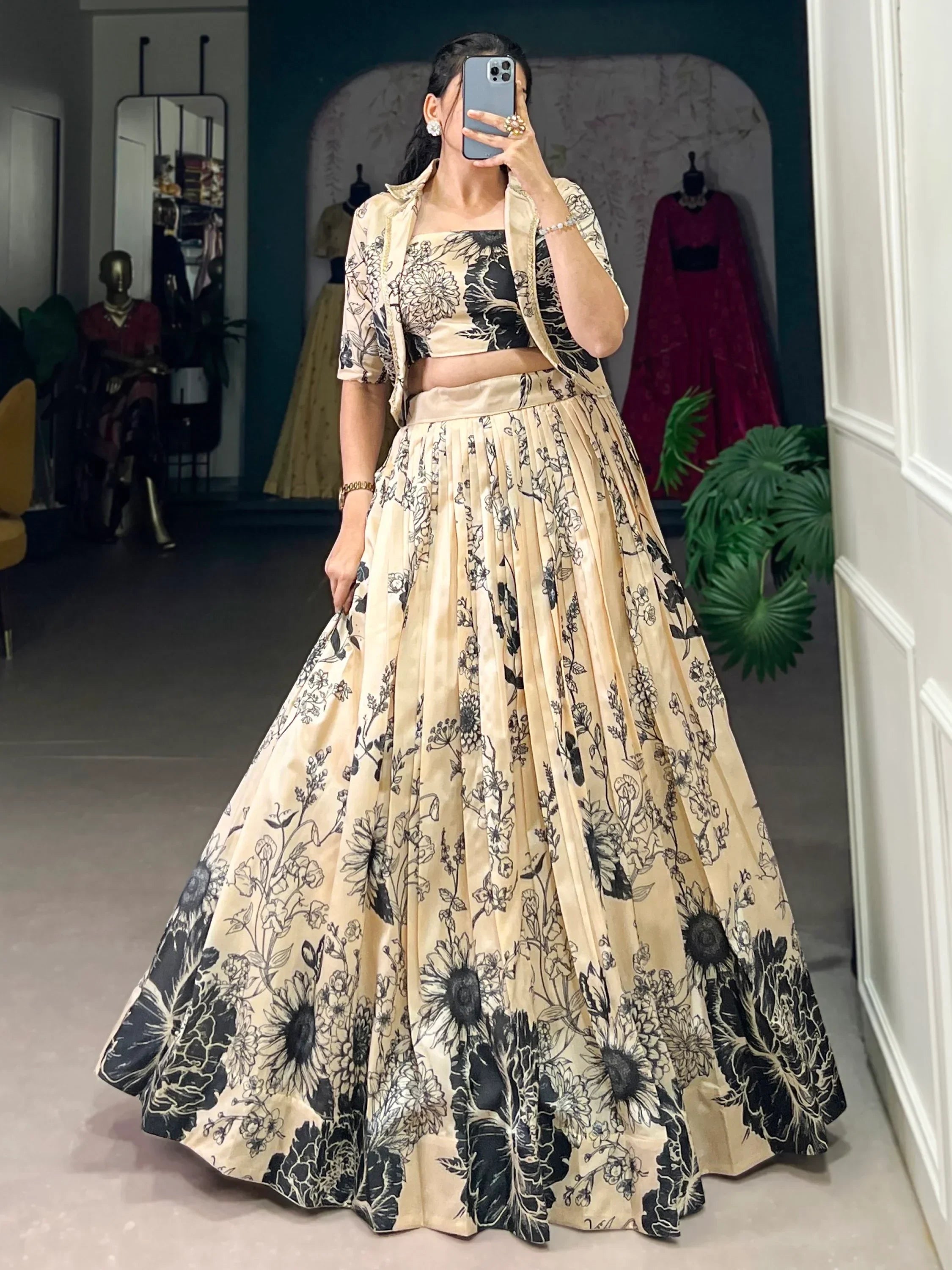 Majestic Cream Floral Printed Tussar Silk Festive Wear Crop Top Lehenga With Jacket
