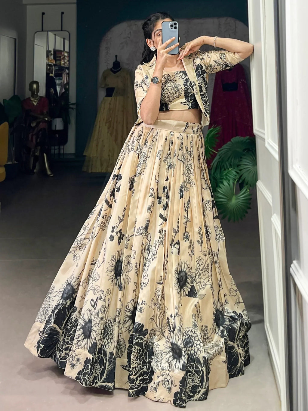 Majestic Cream Floral Printed Tussar Silk Festive Wear Crop Top Lehenga With Jacket
