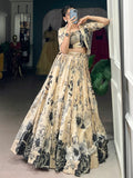 Majestic Cream Floral Printed Tussar Silk Festive Wear Crop Top Lehenga With Jacket