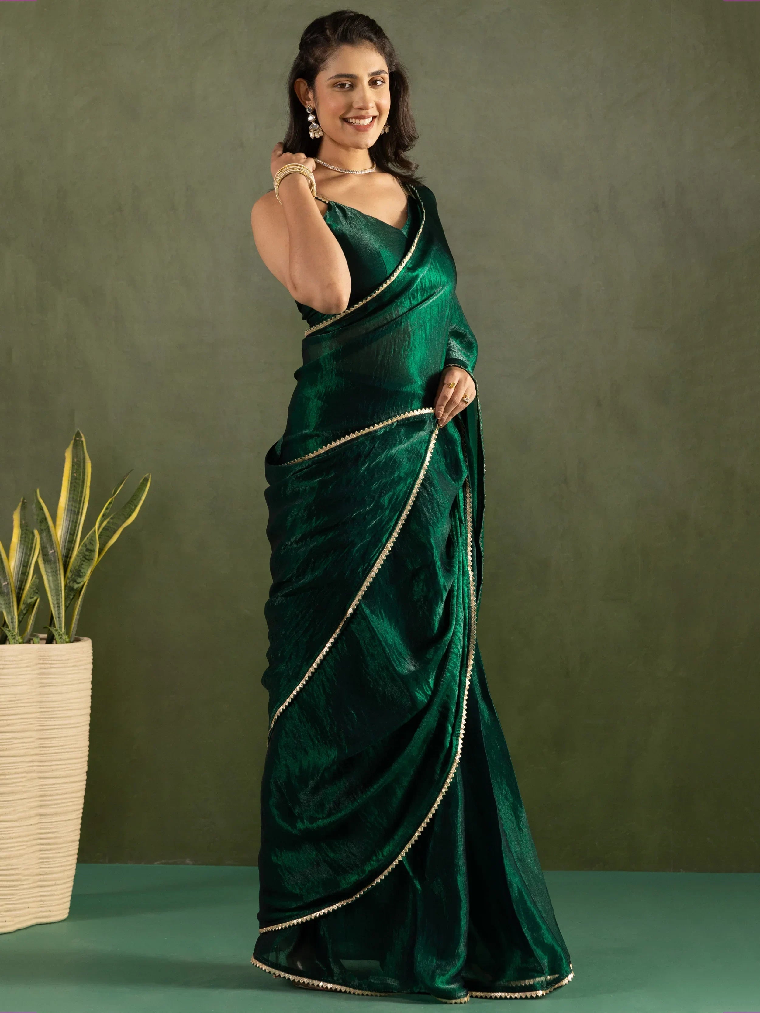 Green Majestic Bordered Chiffon One Minute Saree With Blouse