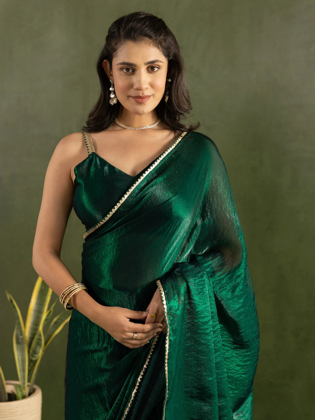 Green Majestic Bordered Chiffon One Minute Saree With Blouse