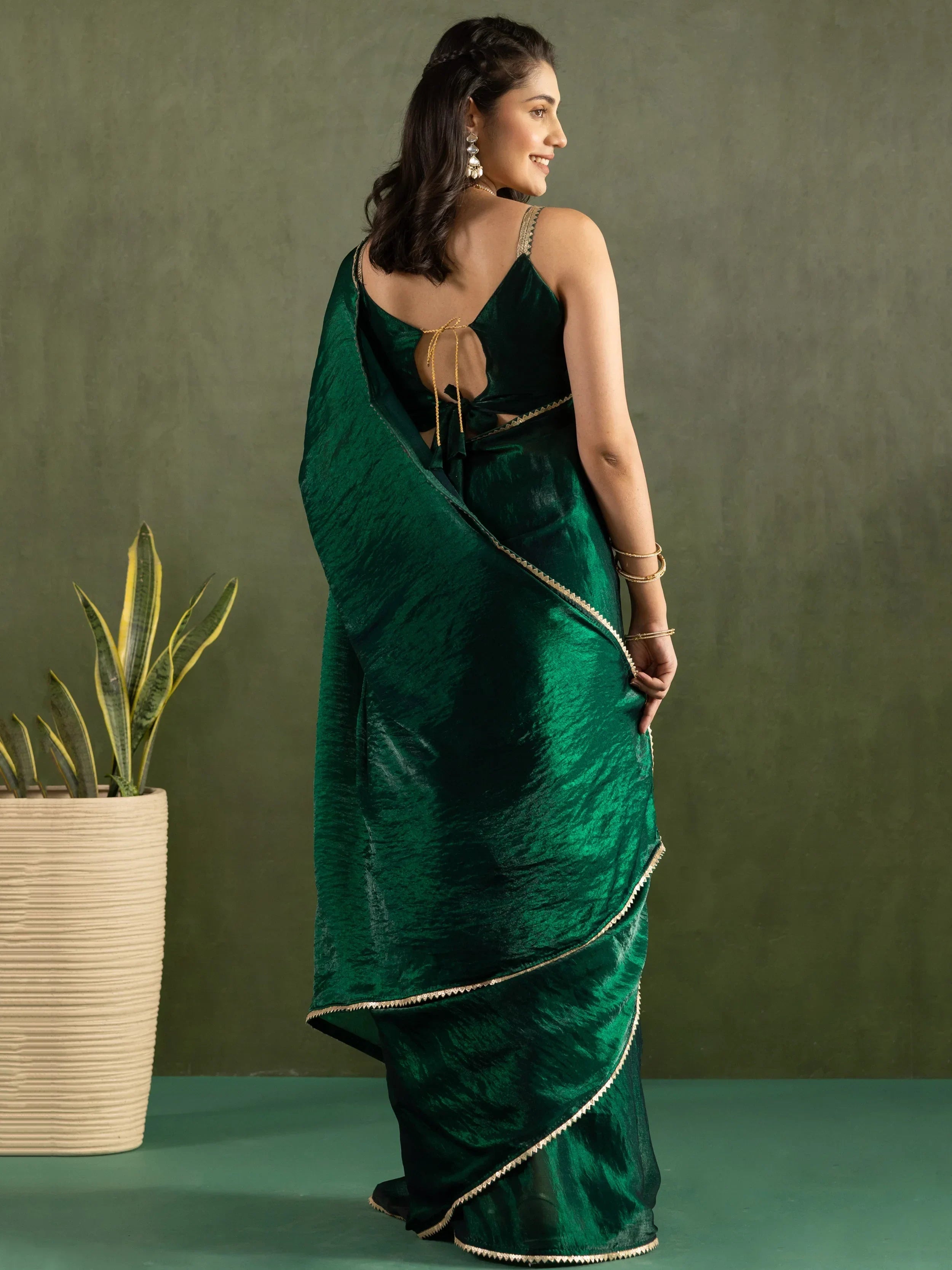 Green Majestic Bordered Chiffon One Minute Saree With Blouse