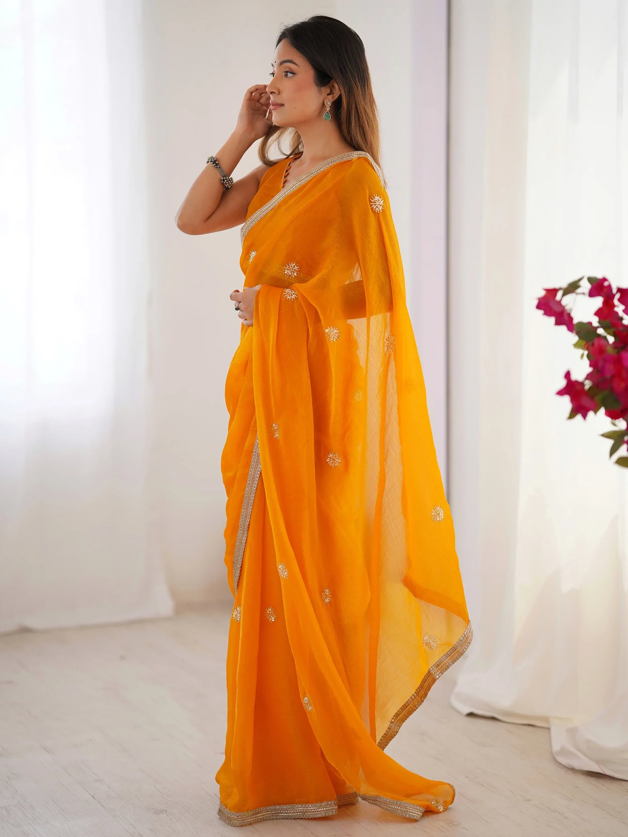 Orange Adorning Silk Sequins Ceremonial Wear Saree With Blouse