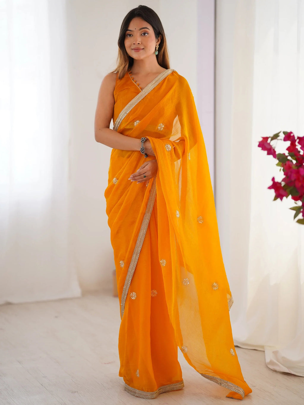 Orange Adorning Silk Sequins Ceremonial Wear Saree With Blouse