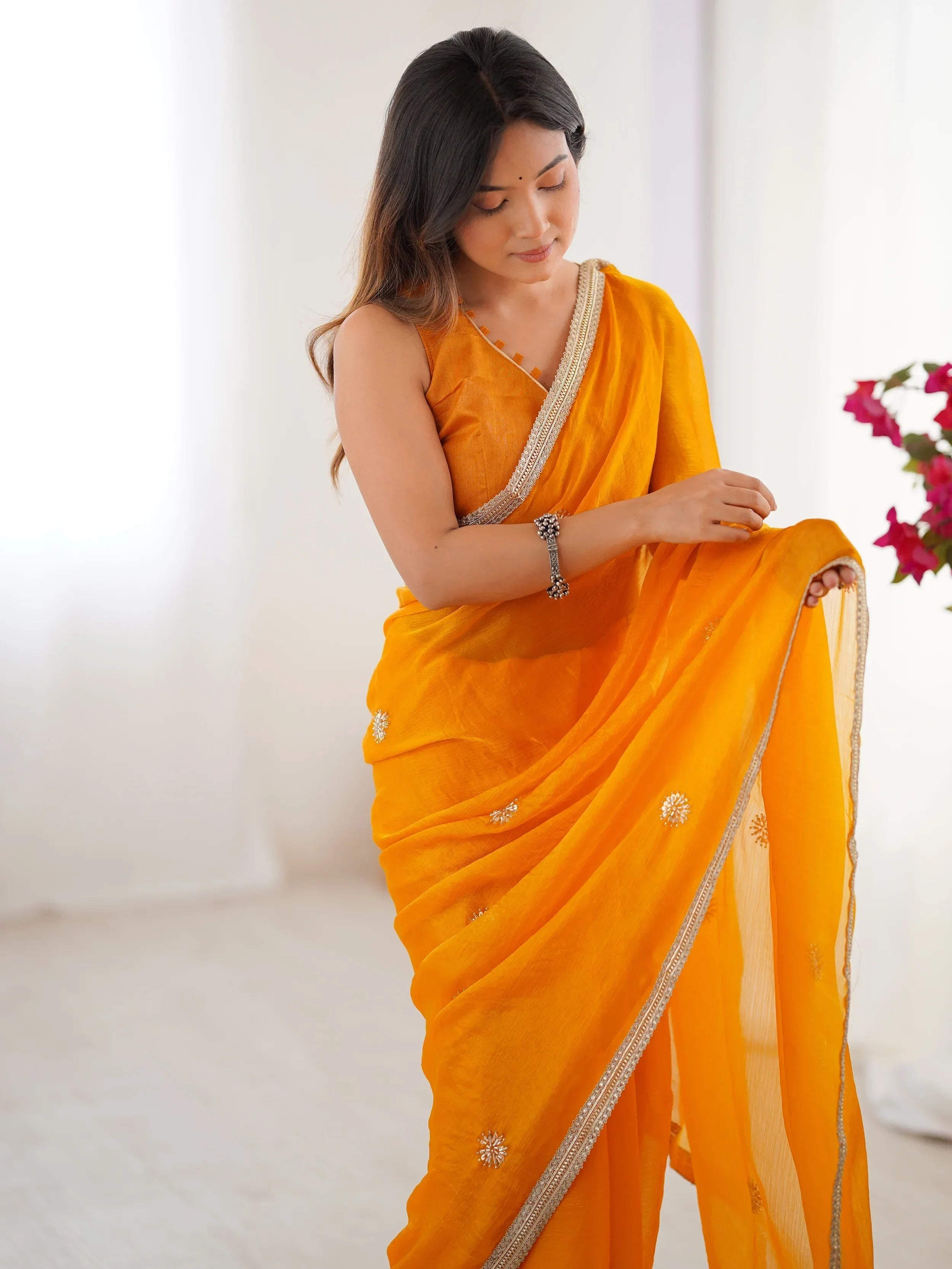 Orange Adorning Silk Sequins Ceremonial Wear Saree With Blouse