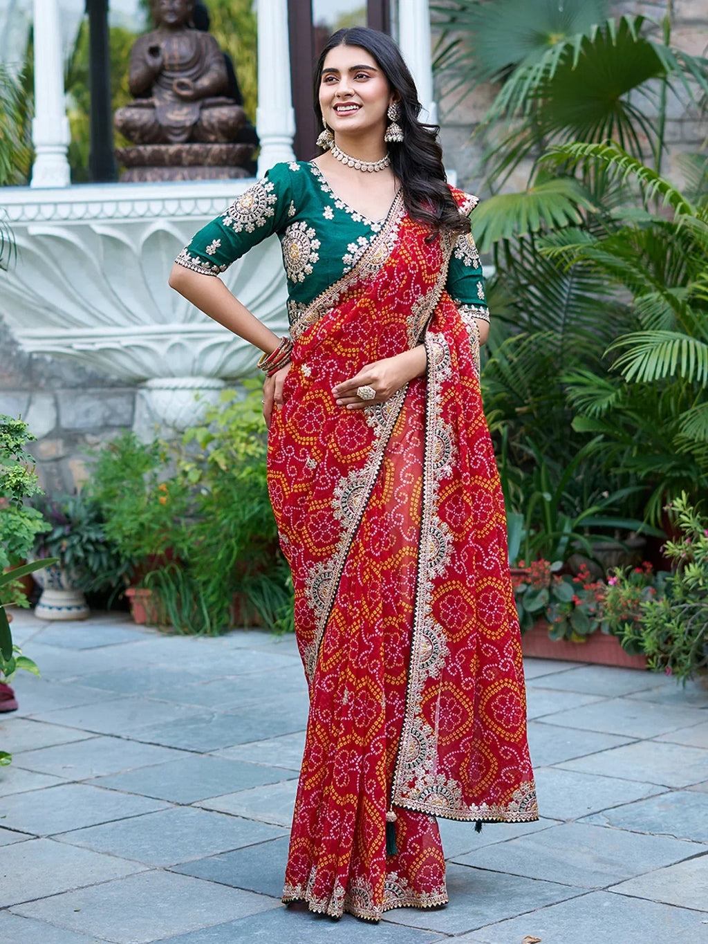 Majestic Red Bandhani Print Bridal Saree With Blouse