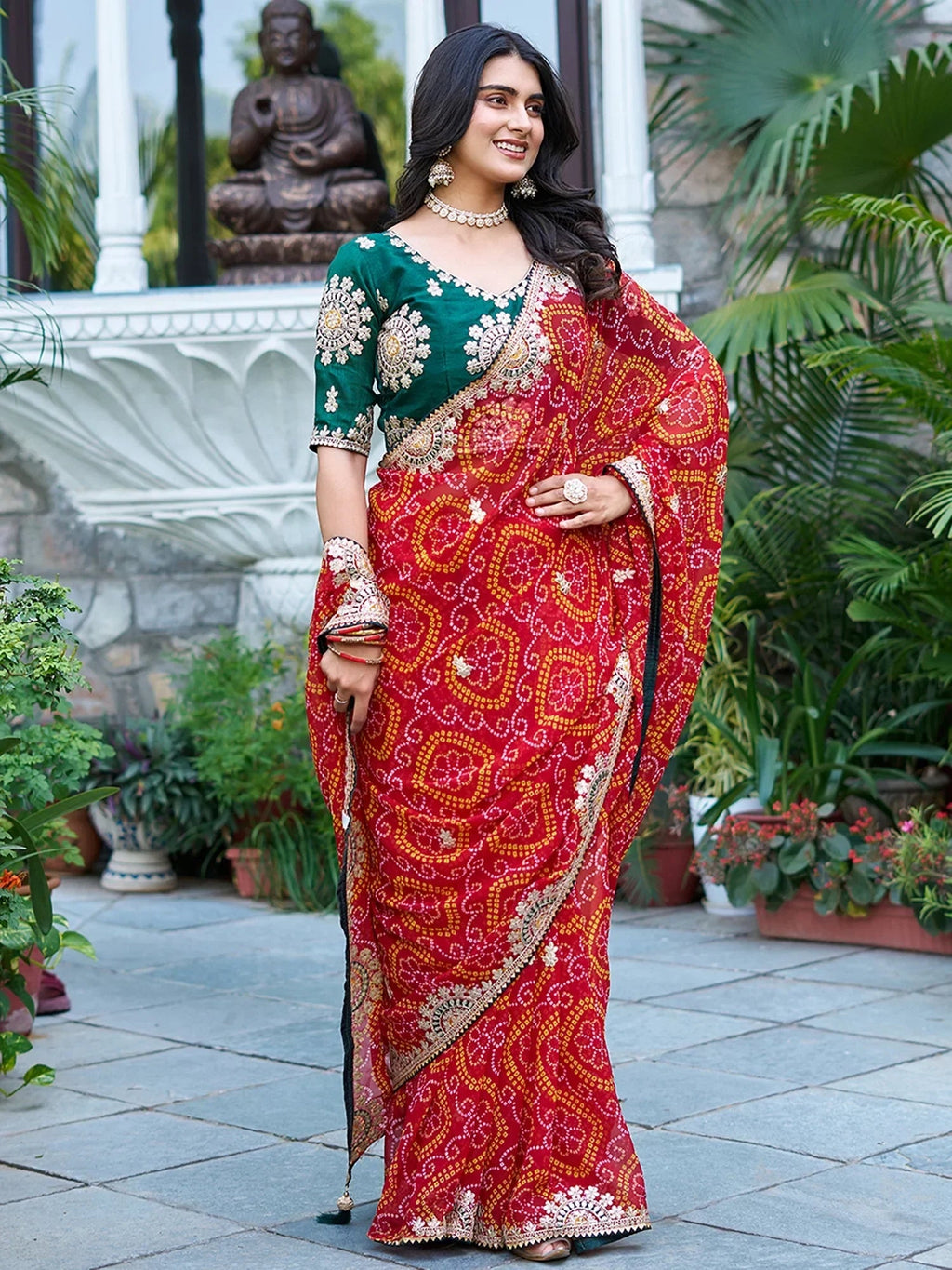 Majestic Red Bandhani Print Bridal Saree With Blouse