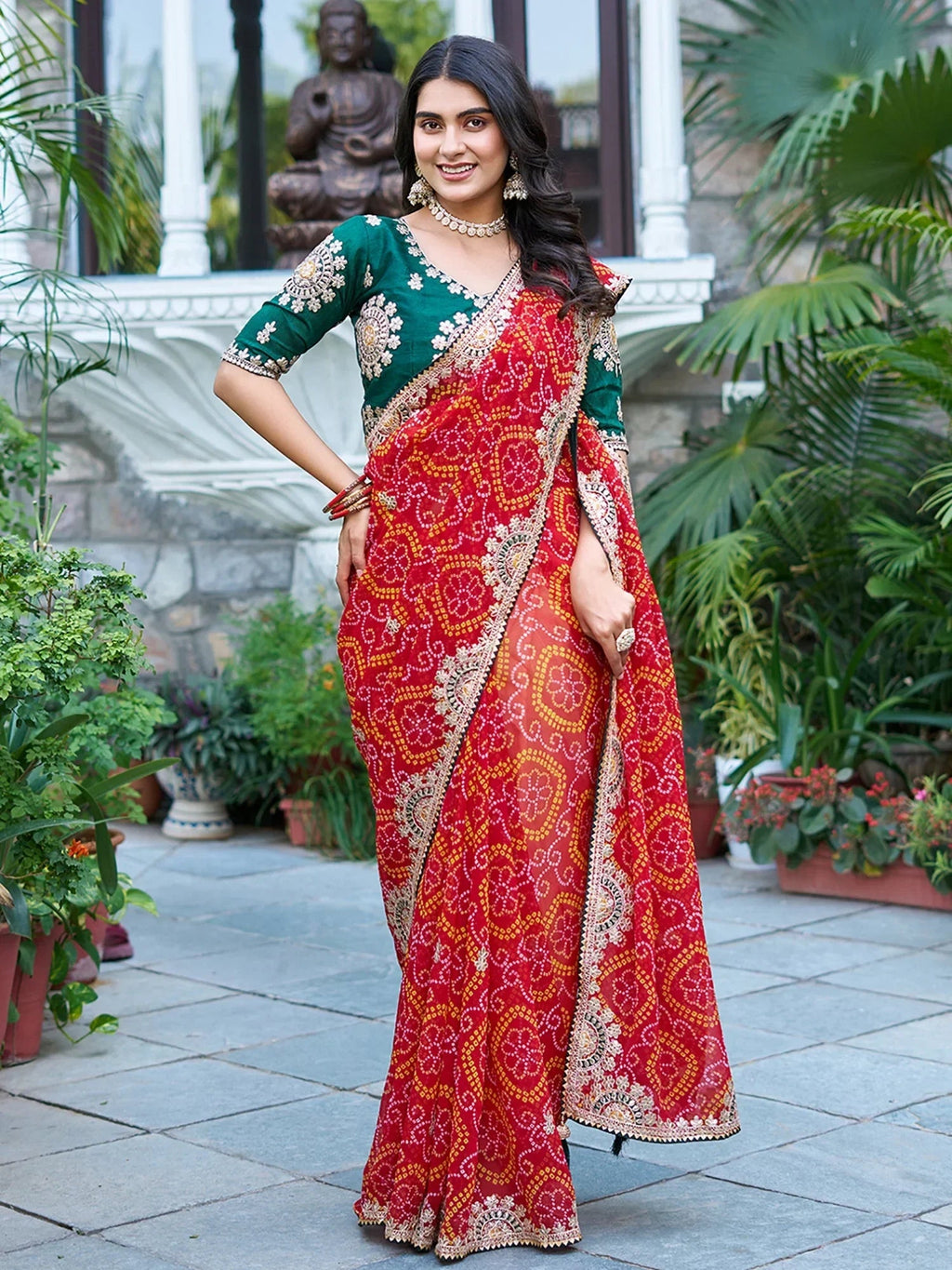 Majestic Red Bandhani Print Bridal Saree With Blouse
