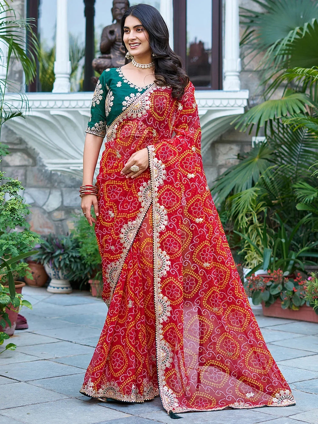 Majestic Red Bandhani Print Bridal Saree With Blouse
