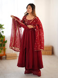 Maroon Crunchy Silk Gown with Embroidered Dupatta