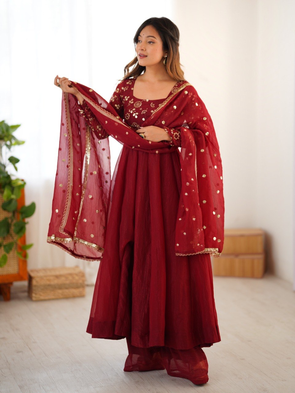 Maroon Crunchy Silk Gown with Embroidered Dupatta
