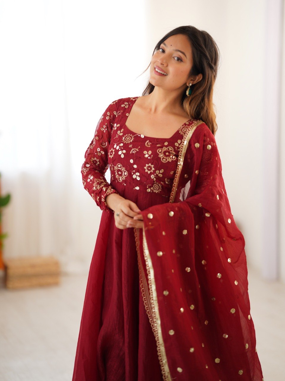Maroon Crunchy Silk Gown with Embroidered Dupatta