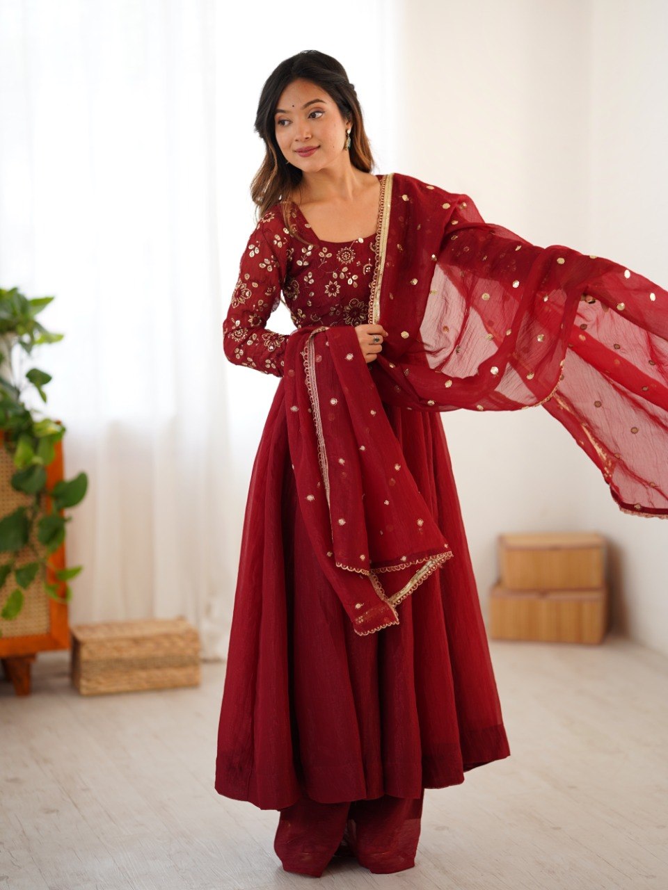 Maroon Crunchy Silk Gown with Embroidered Dupatta
