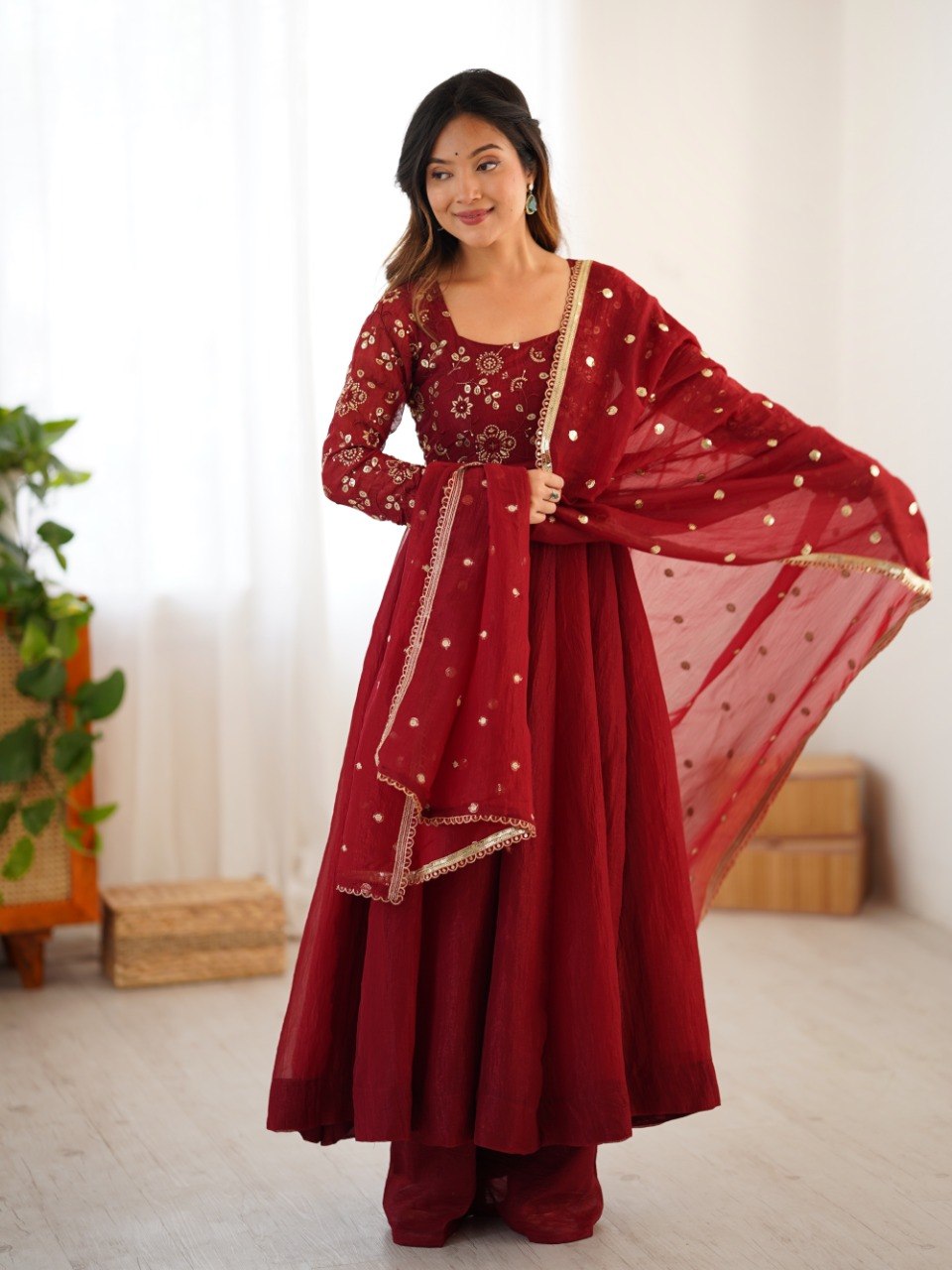Maroon Crunchy Silk Gown with Embroidered Dupatta